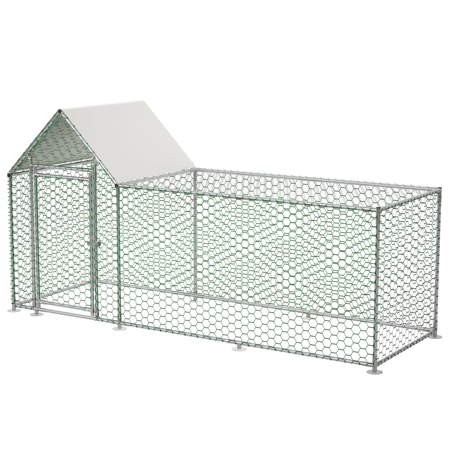 Large outdoor chicken coop with green hexagonal wire mesh and white roof