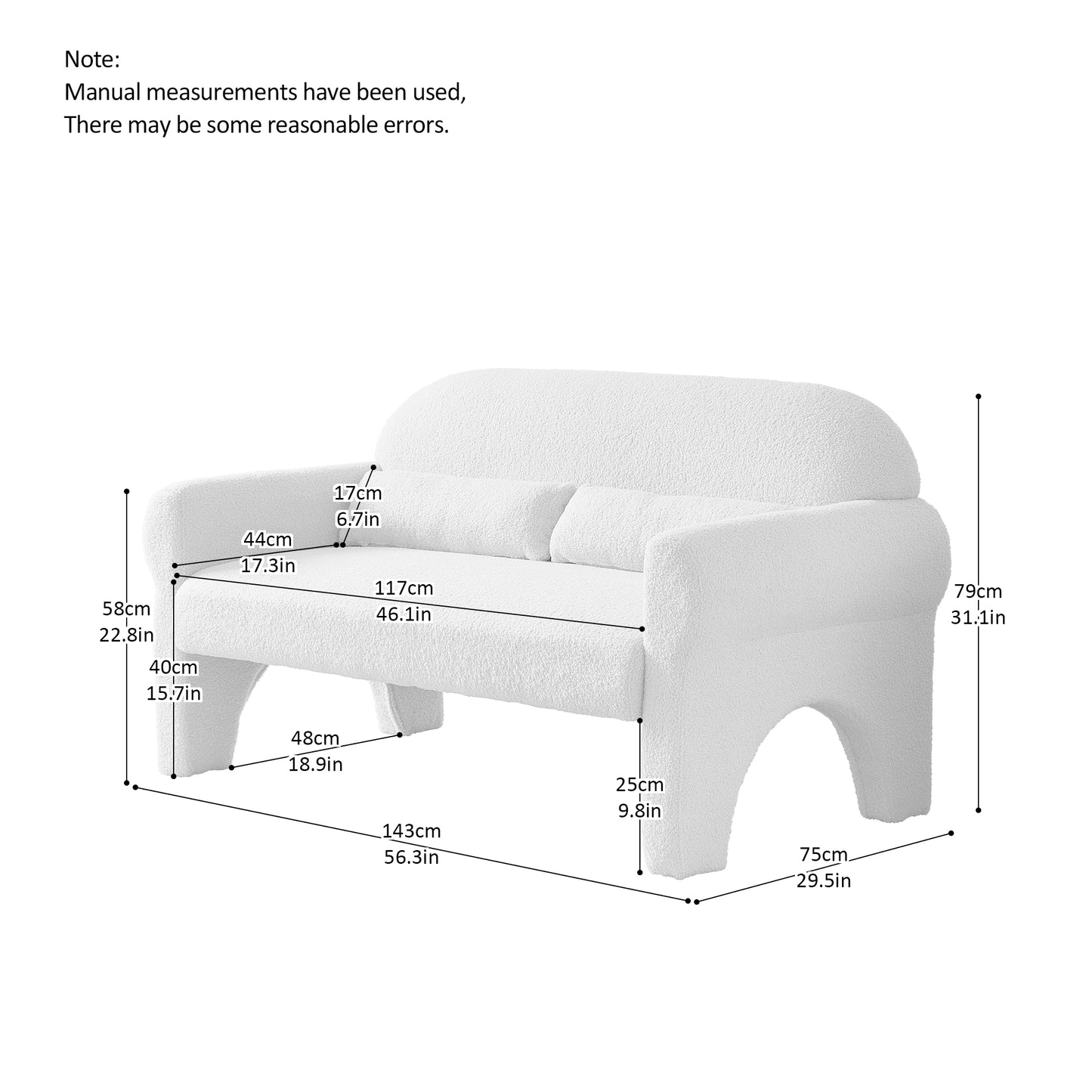 White boucle fabric sofa with plush cushions and curved armrests