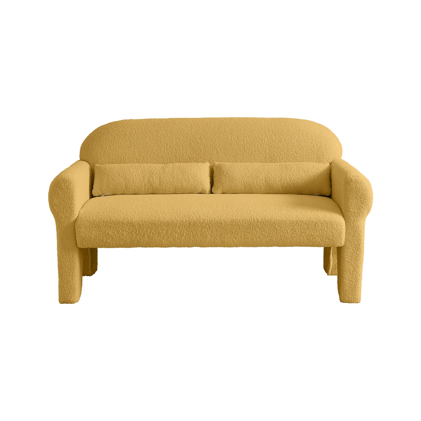 Yellow boucle twoseater sofa with plush pillows and rounded arms