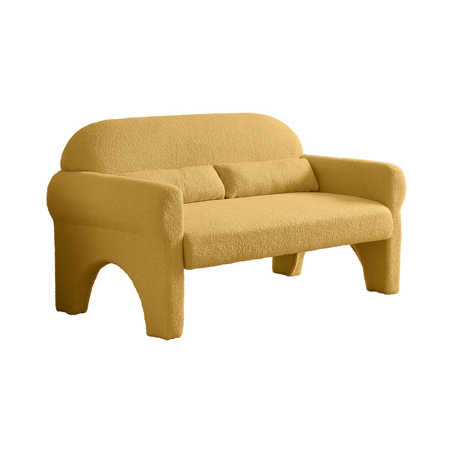 Yellow boucl fabric sofa with curved back and two lumbar pillows modern design
