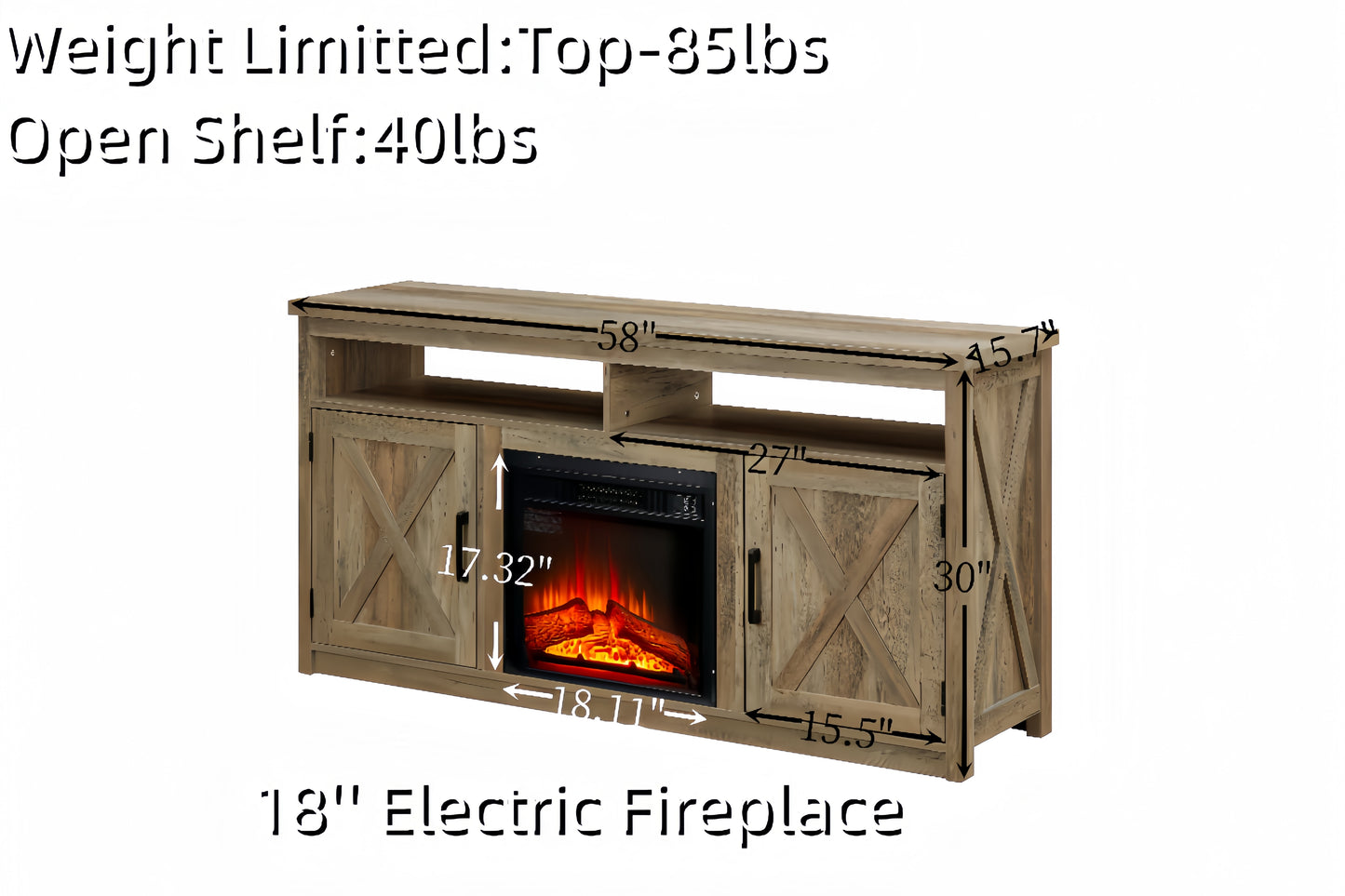 Rustic oak TV stand with builtin electric fireplace and barn door accents