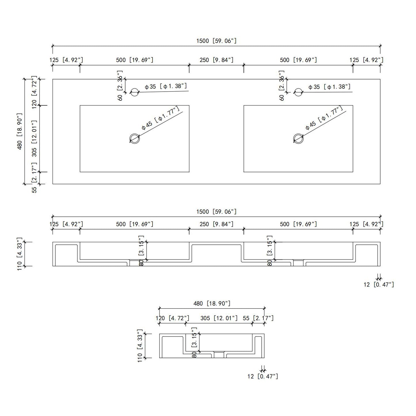 Technical drawing of a dual basin vanity top with precise dimensions