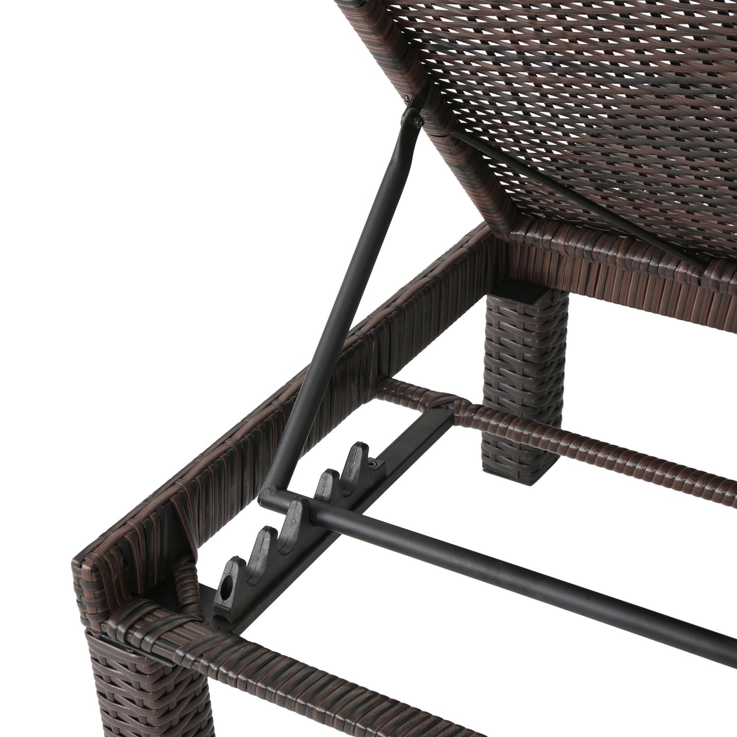 Dark brown wicker chaise lounge with adjustable metal frame mechanism