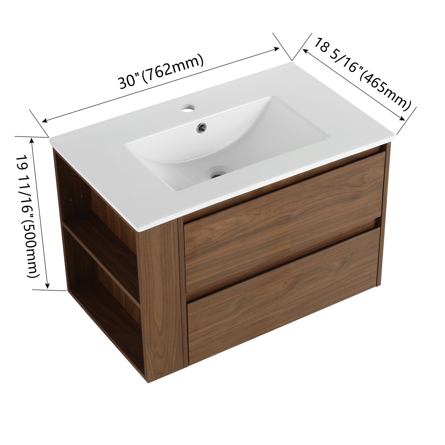 inch wallmount vanity with white ceramic sink and walnut finish drawers