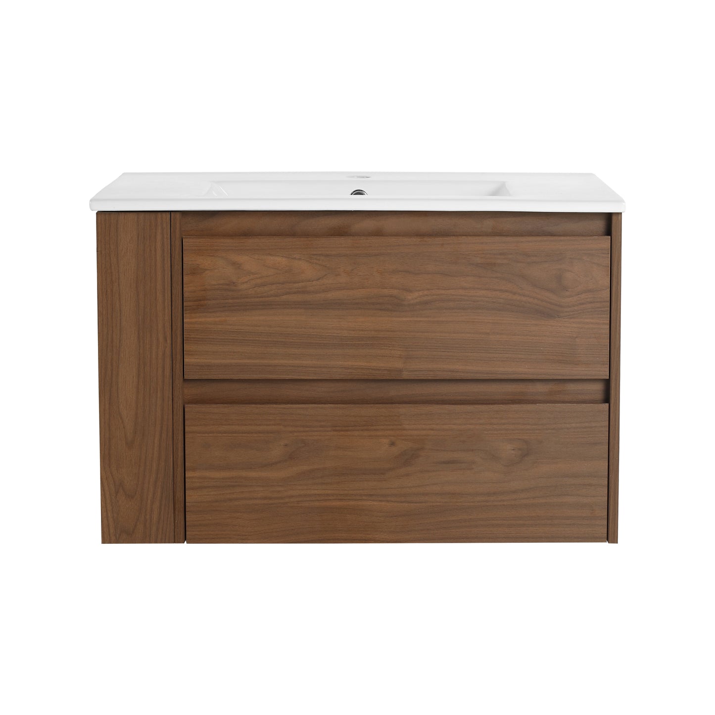 Modern walnut vanity with integrated white ceramic sink and two drawers