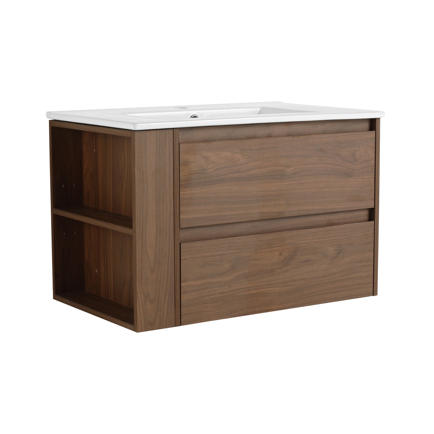 Floating walnut vanity with white ceramic sink and two drawers