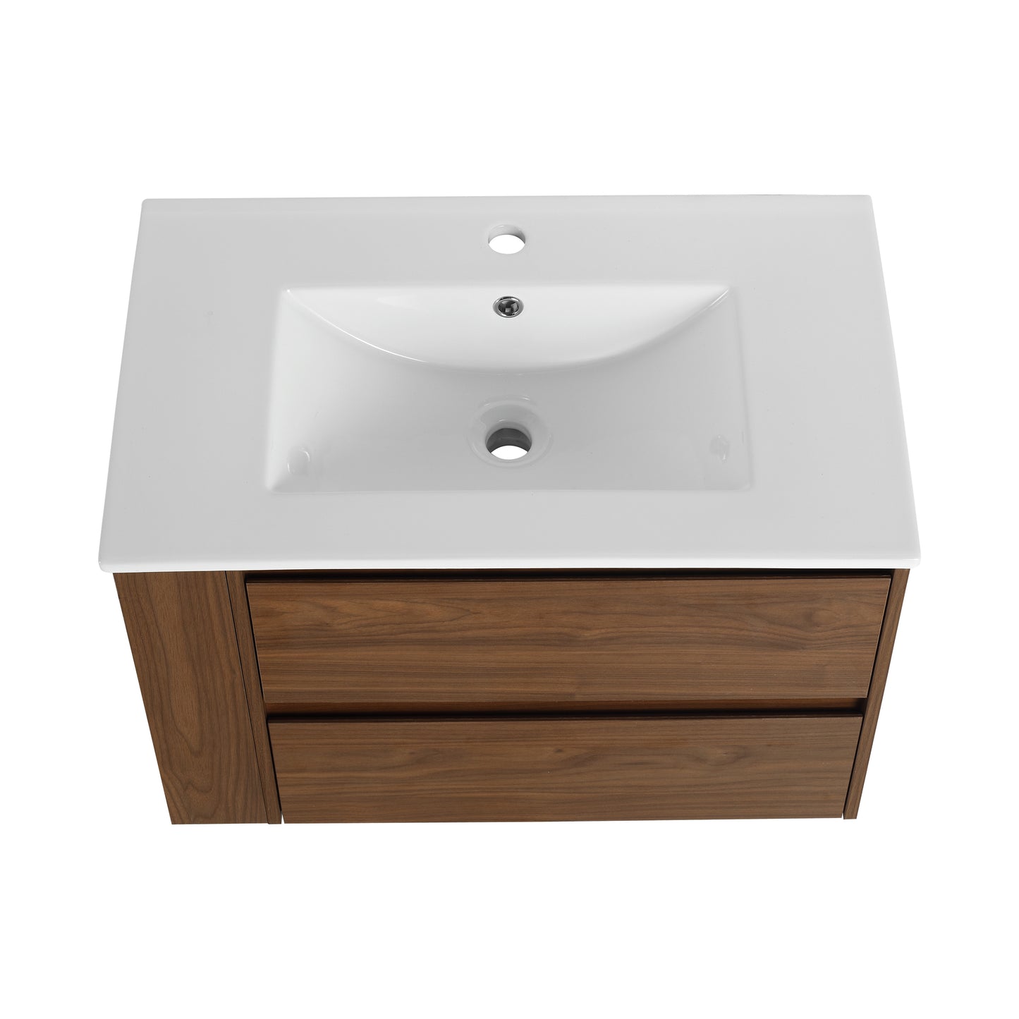 Modern white ceramic sink vanity with walnut wood drawers and chrome fixtures