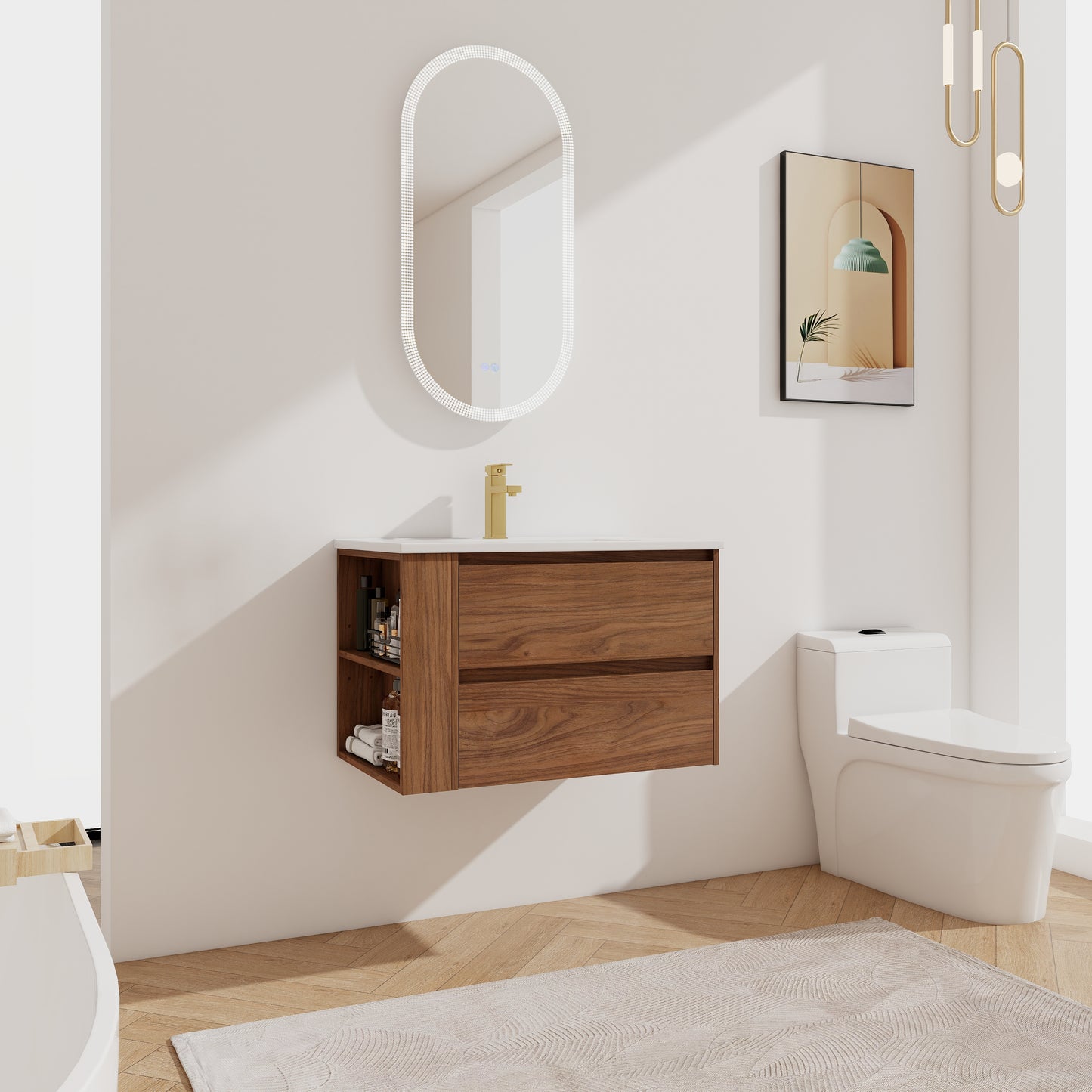 Floating walnut bathroom vanity with two drawers and open shelving golden faucet