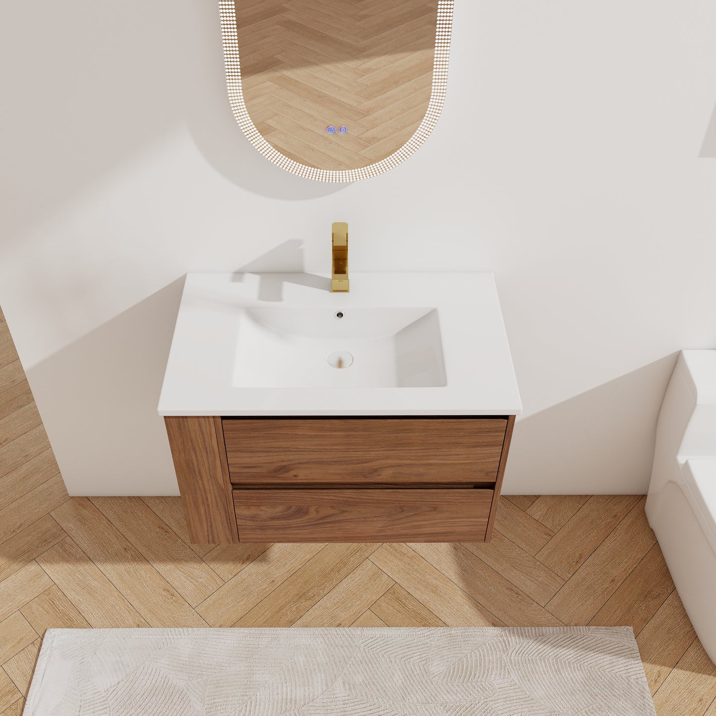 Modern wallmounted vanity with walnut finish drawers white ceramic basin and gold faucet