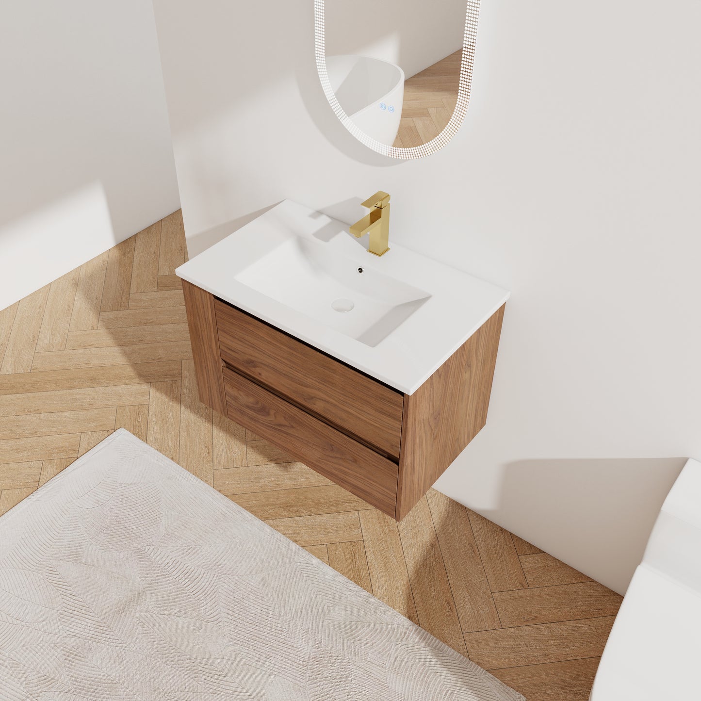 Wallmounted walnut vanity with white ceramic sink and gold faucet