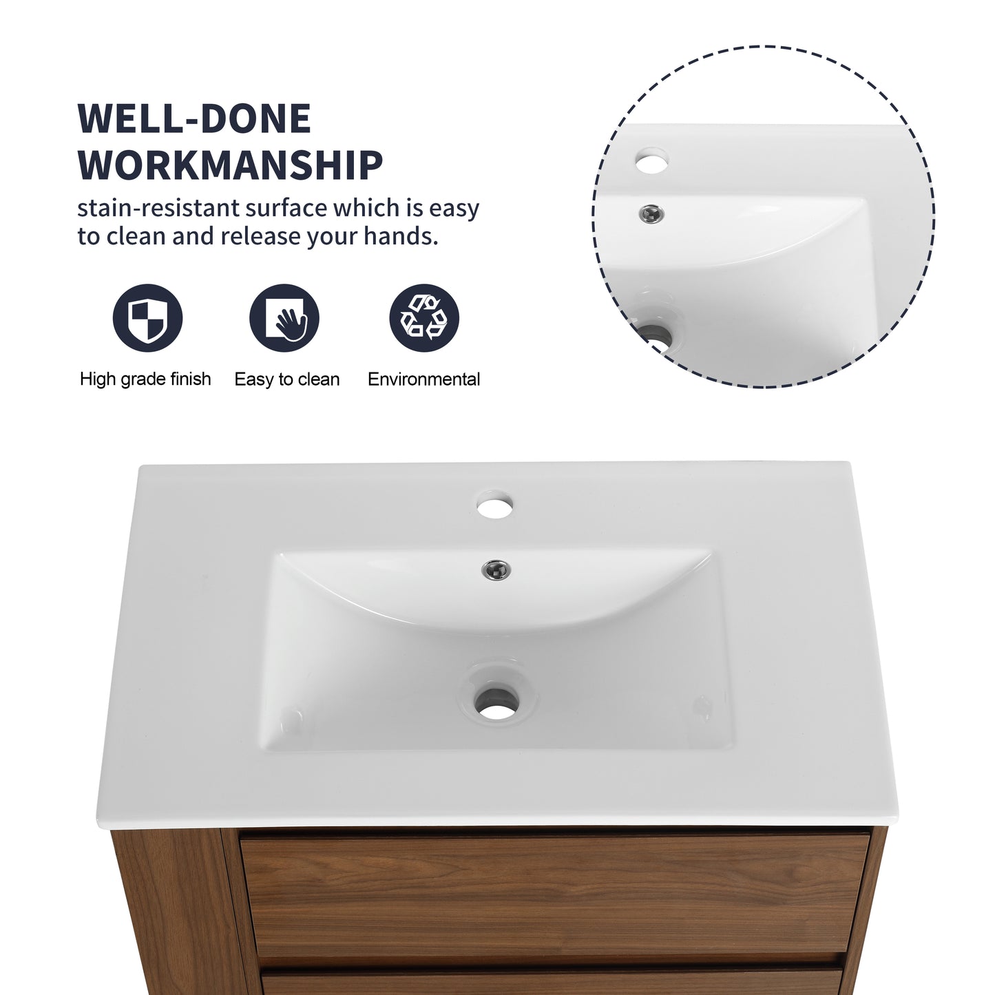 White ceramic vanity top with integrated sink and brown wood cabinet base