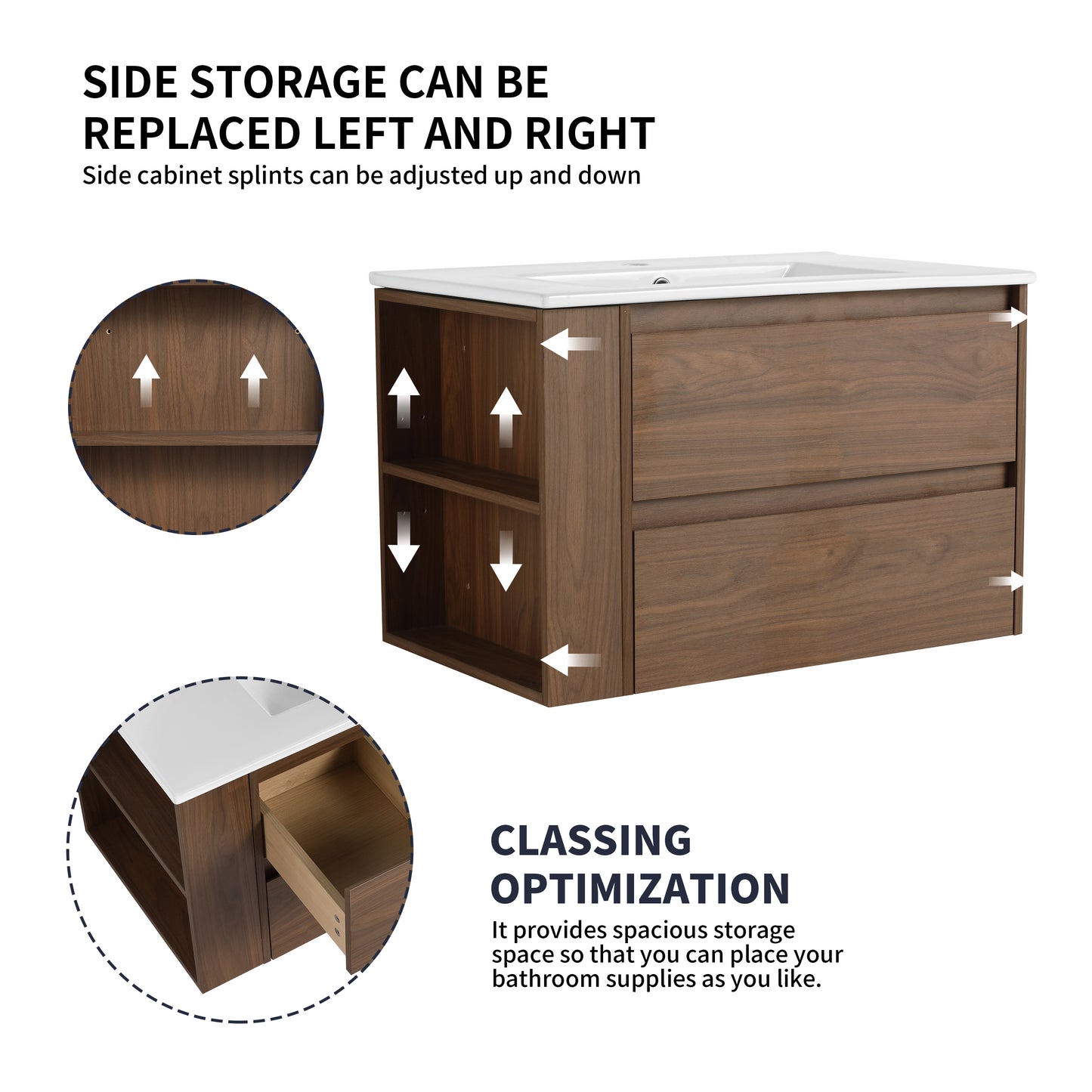 Modern walnut bathroom vanity with adjustable shelves and drawers ideal for storage