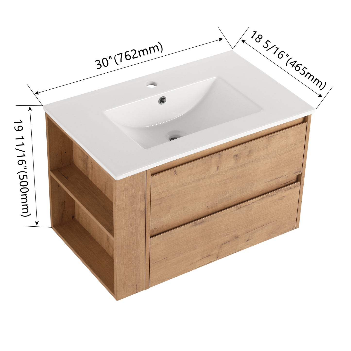 inch floating bathroom vanity with white ceramic top and light oak drawers