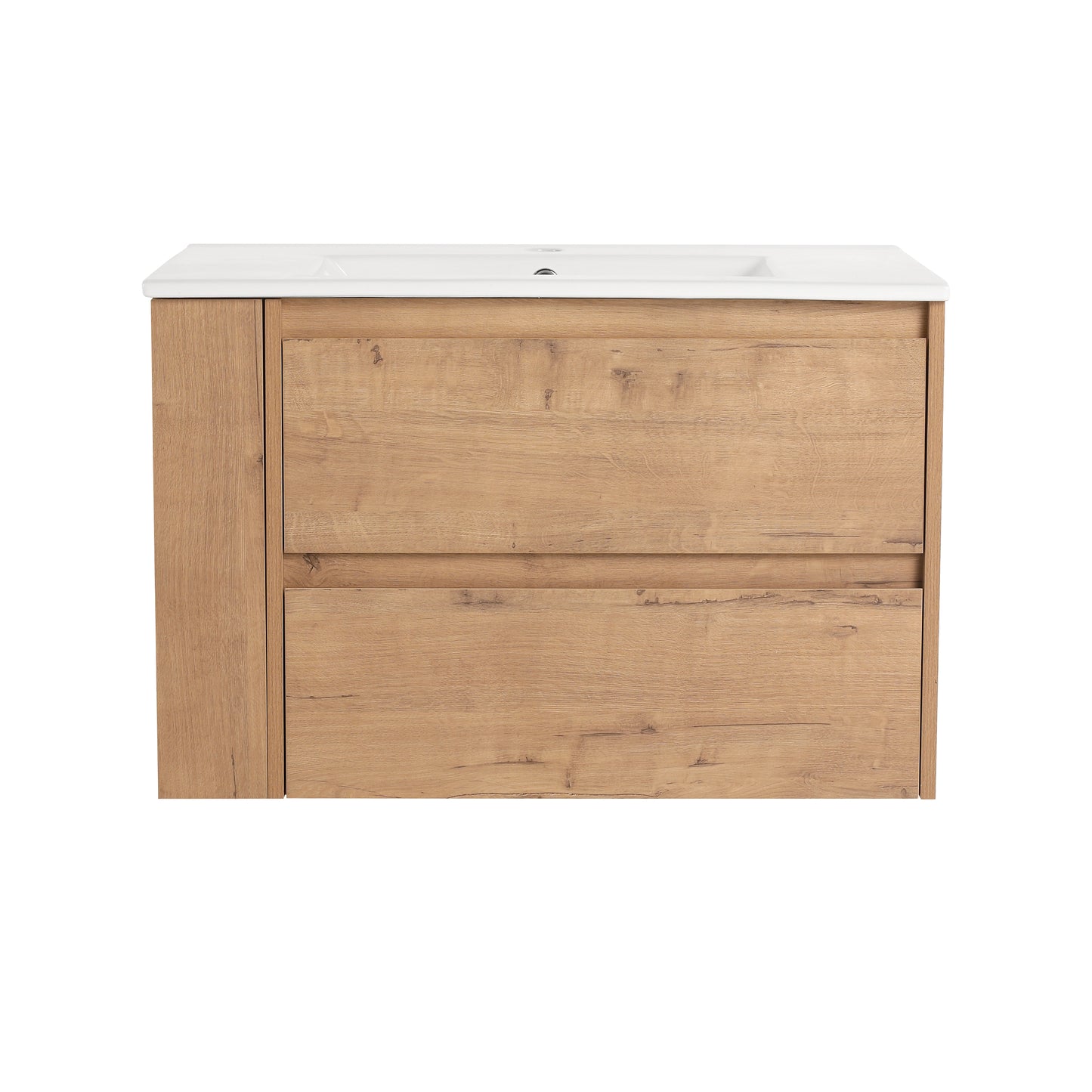Modern oak vanity with two drawers and integrated white ceramic sink