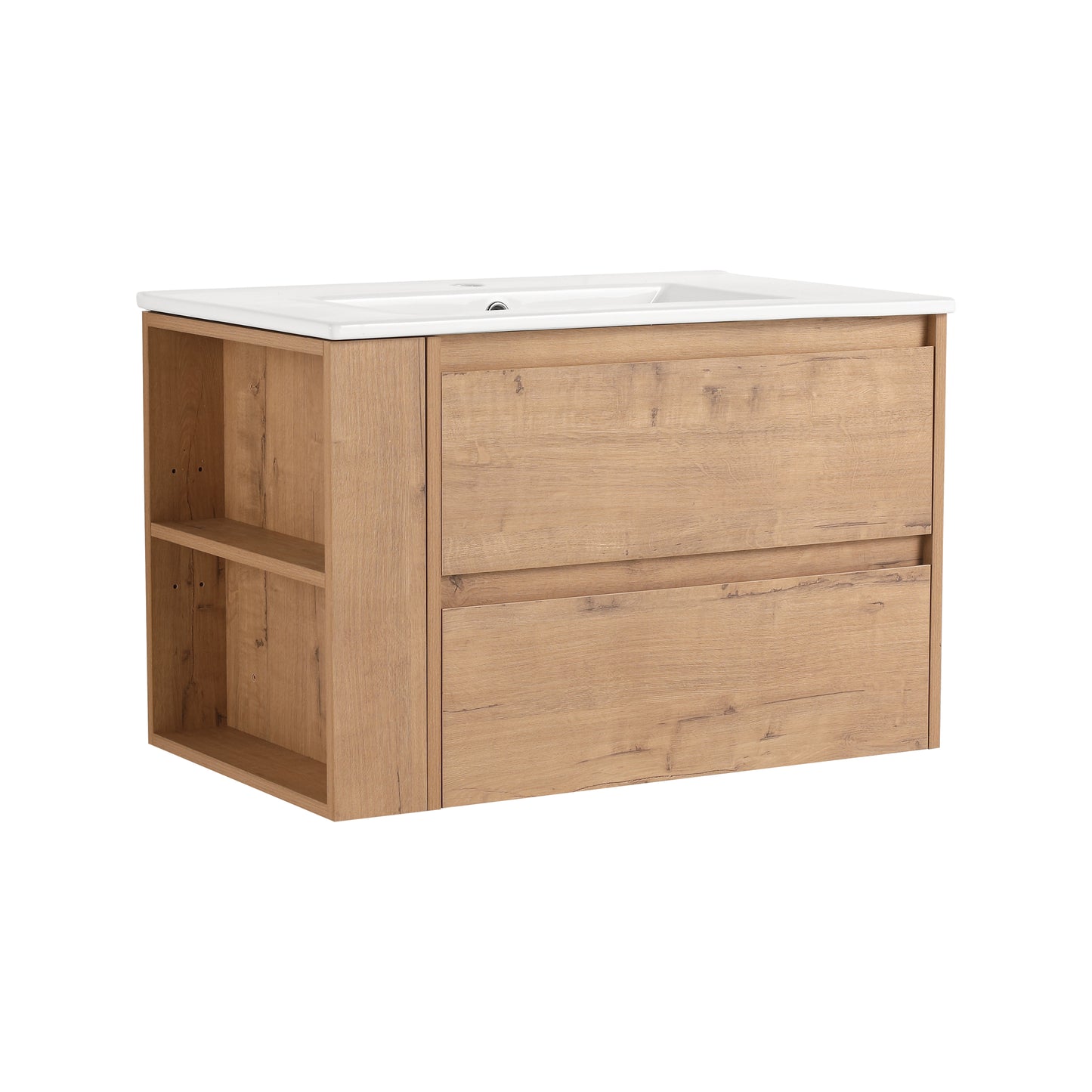 Light oak wood grain bathroom vanity with integrated white ceramic sink and two drawers