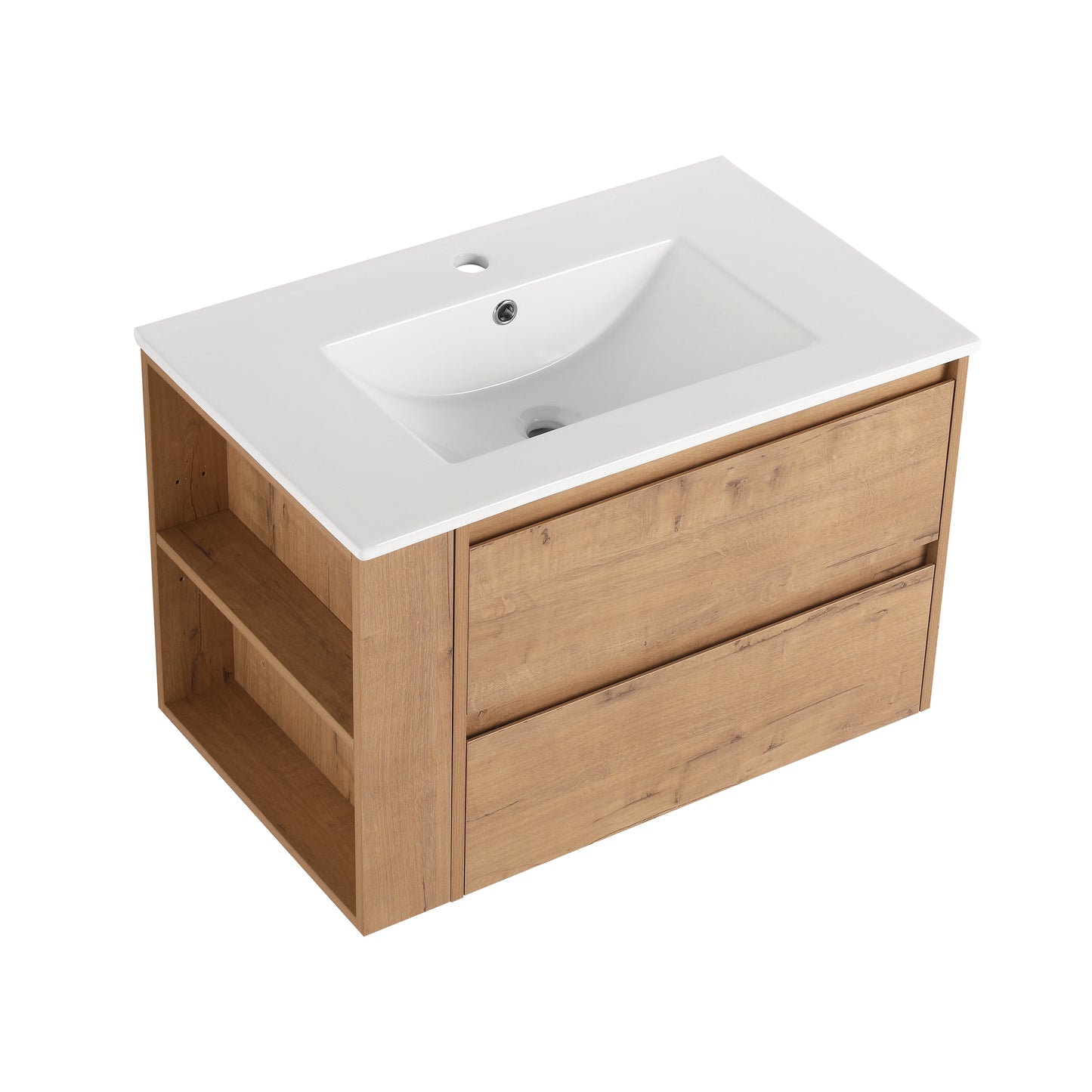 Wallmounted bathroom vanity with white ceramic sink and oakeffect drawers