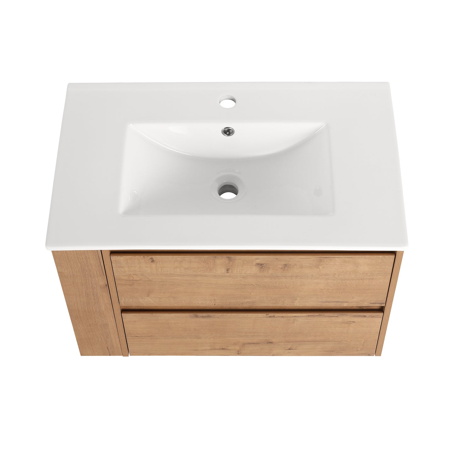 Modern white ceramic undermount sink with natural wood grain vanity