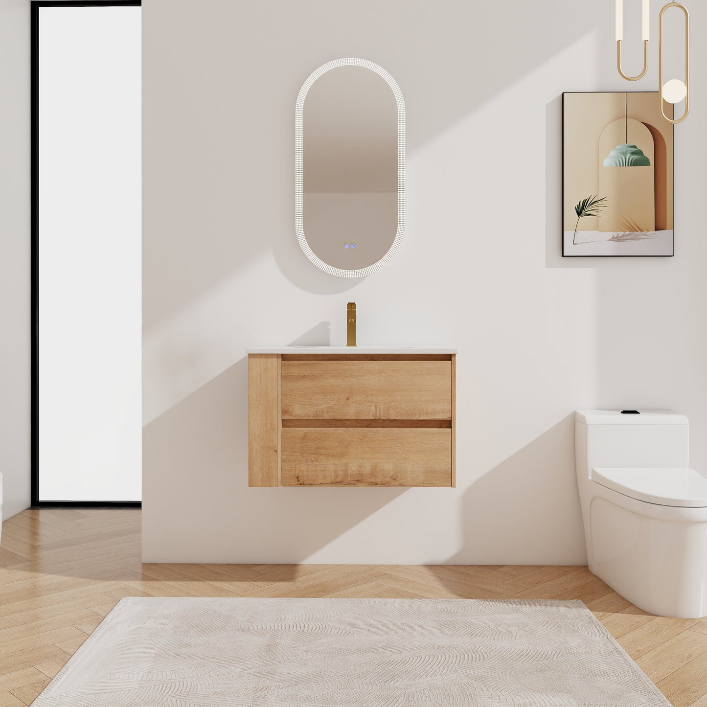 Modern oakfinish bathroom vanity with two drawers and brass faucet