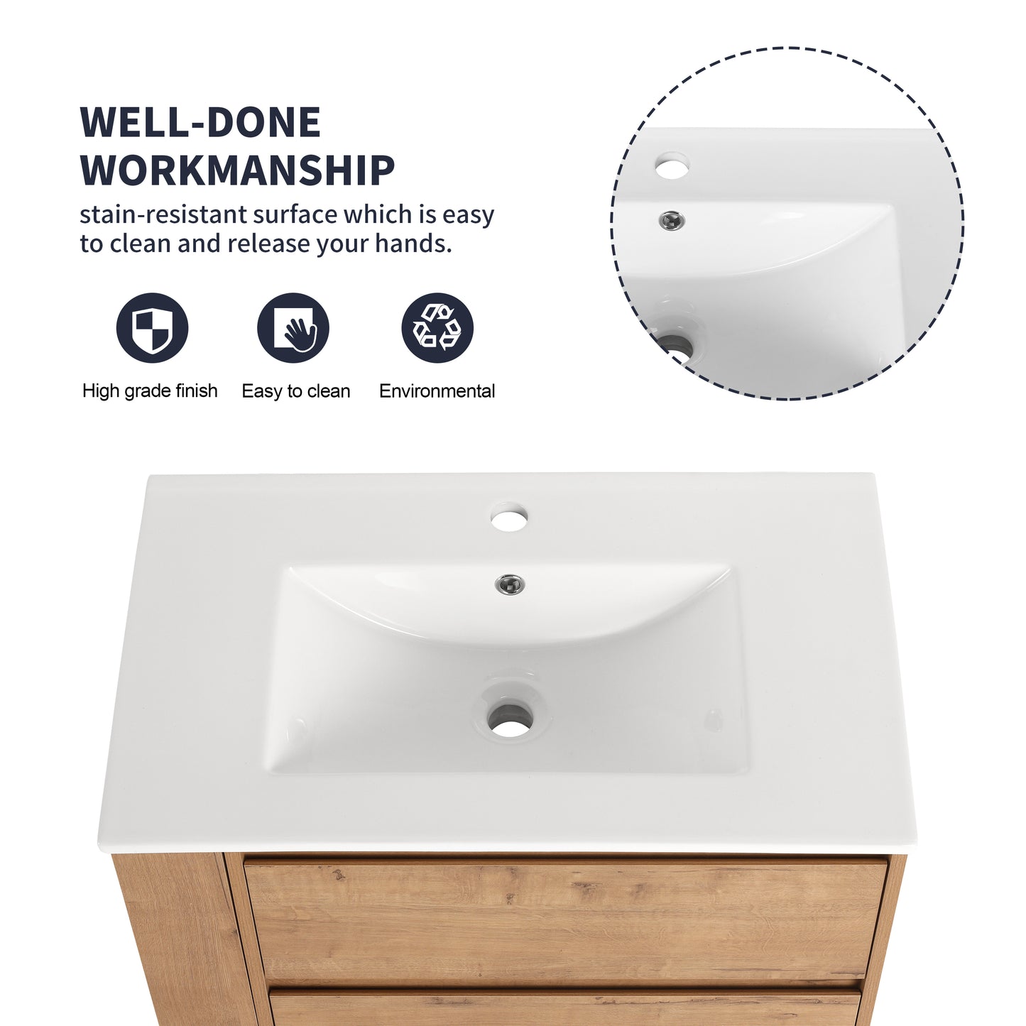 White ceramic vessel sink with a builtin overflow and drain mounted on a natural wood vanity This modern bathroom sink is easy to clean