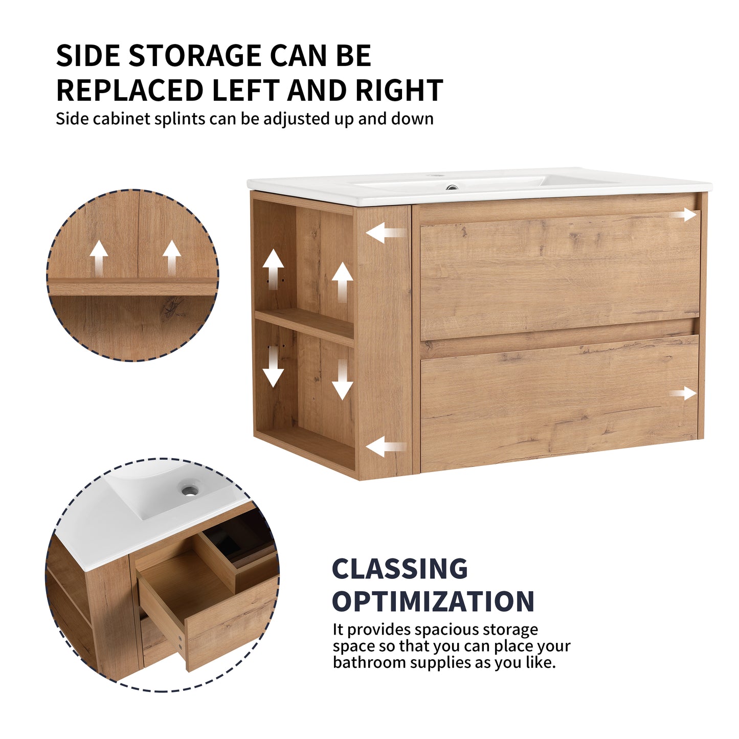 Oak finish bathroom vanity with adjustable shelves and ample drawer space