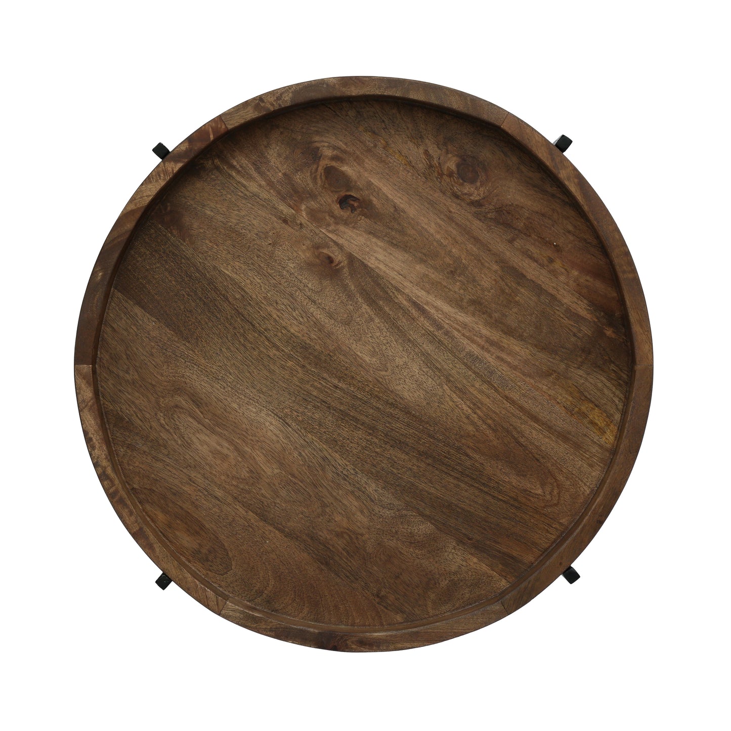 Round mango wood side table with natural grain and black metal legs