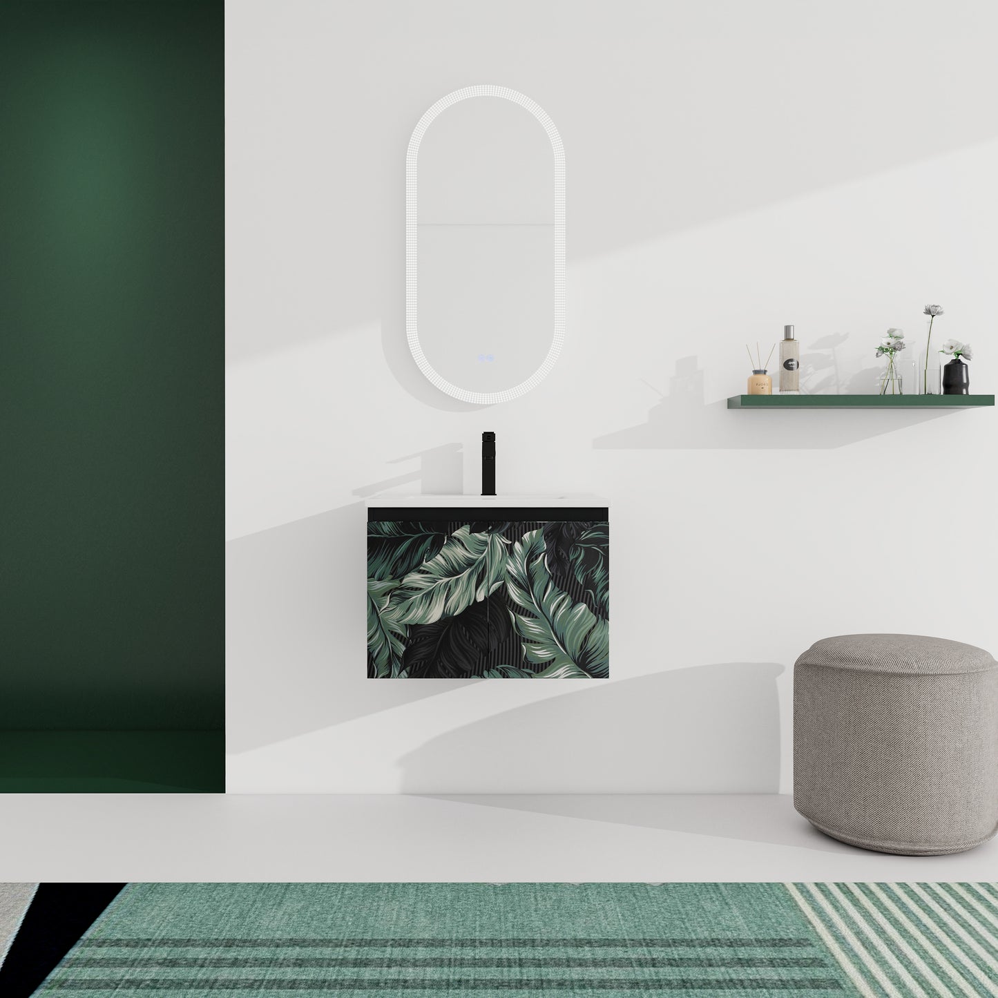 Modern leafprint vanity cabinet with black hardware ideal for a bold bathroom statement