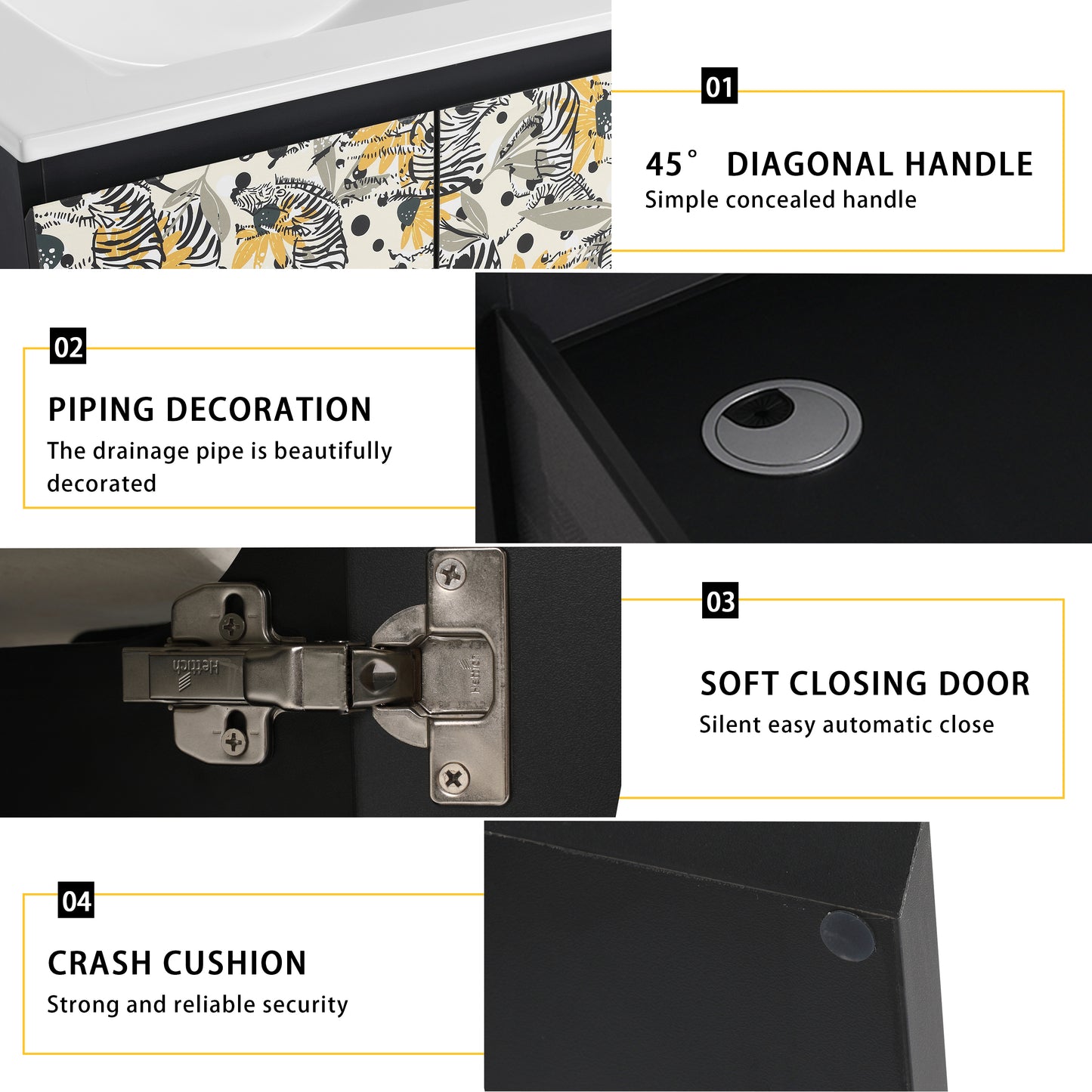 Black cabinet with animal print doors featuring a degree diagonal handle