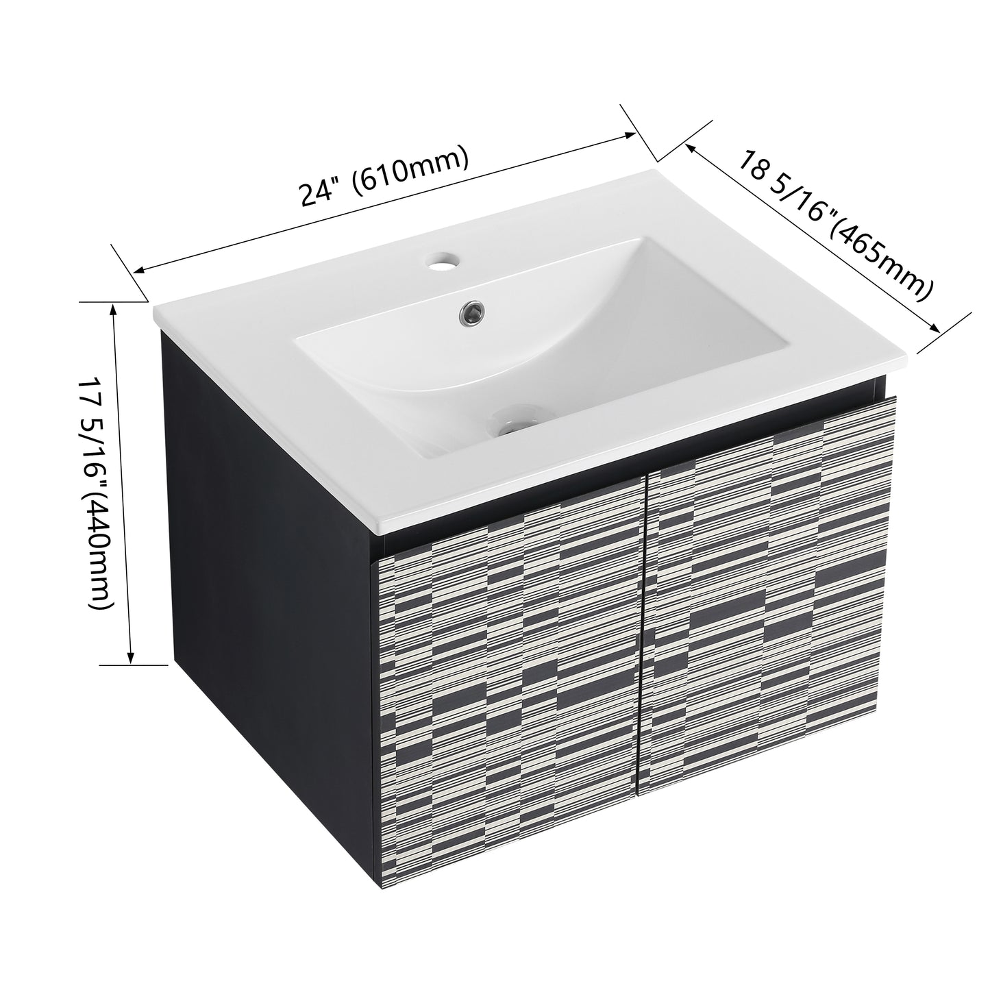 inch modern vanity with white ceramic sink and black cabinet with geometric stripe doors