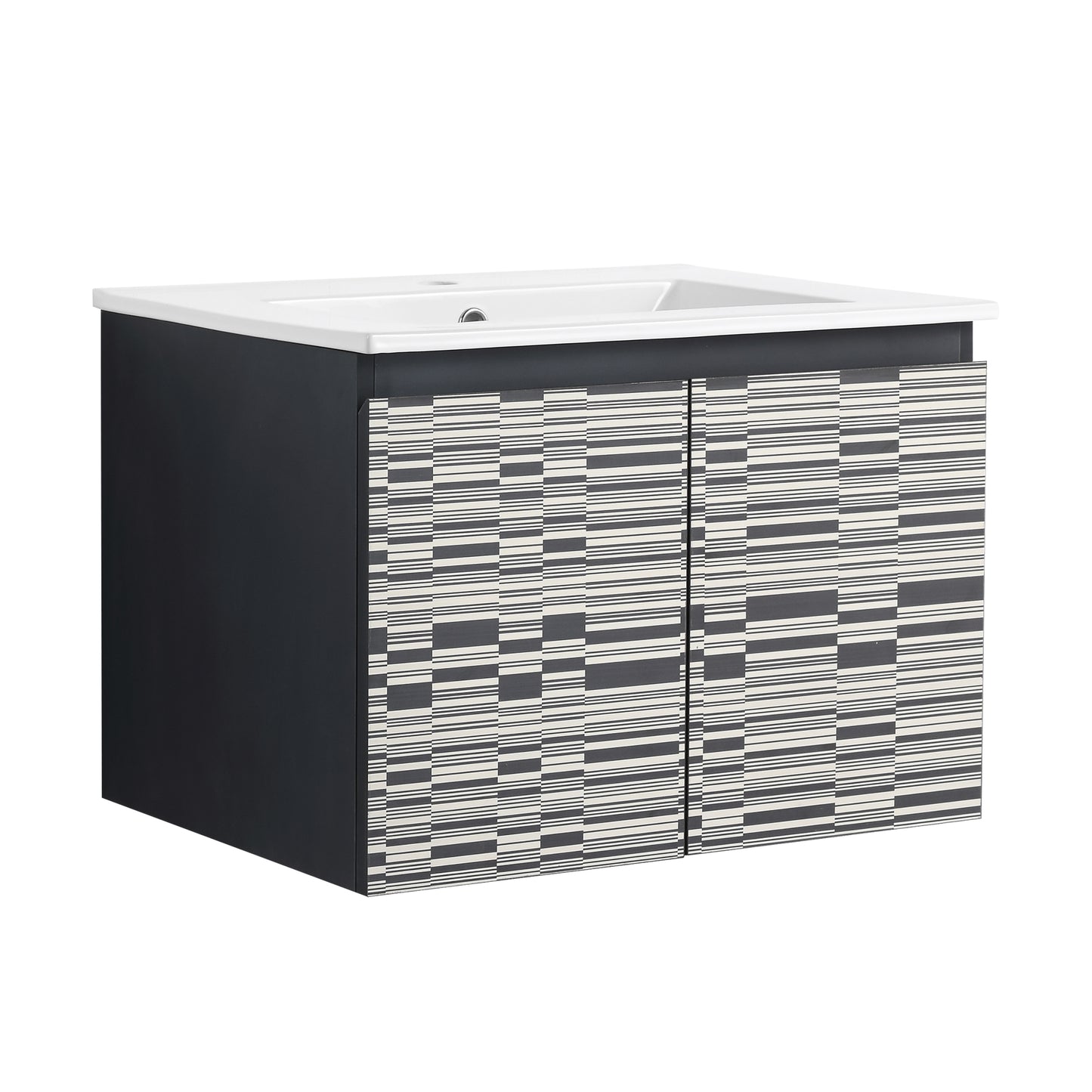 Modern black vanity with geometric patterned doors and integrated white sink