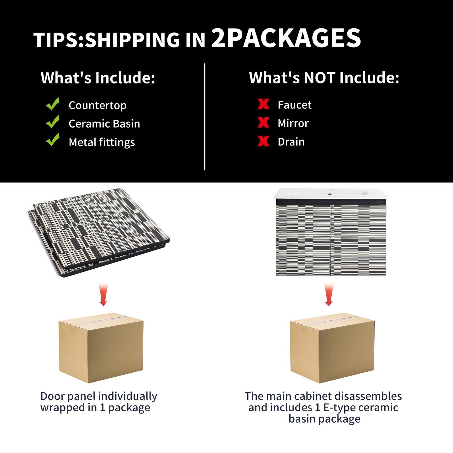Two countertop panels with a striped black and white pattern individually packaged