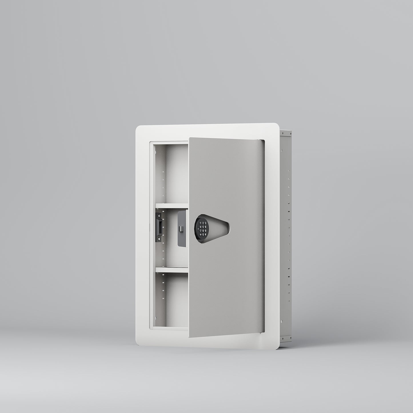 White recessed medicine cabinet with digital lock and open door featuring two shelves and silver handle