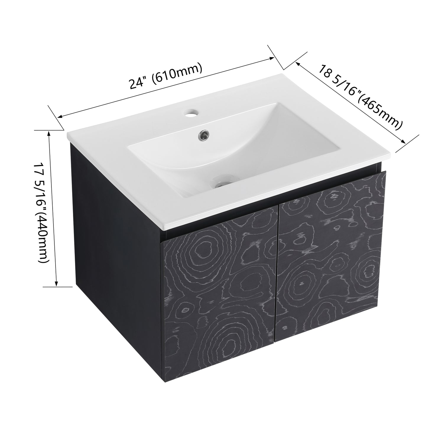 inch wallmounted vanity with integrated white ceramic sink and dark wood grain cabinet