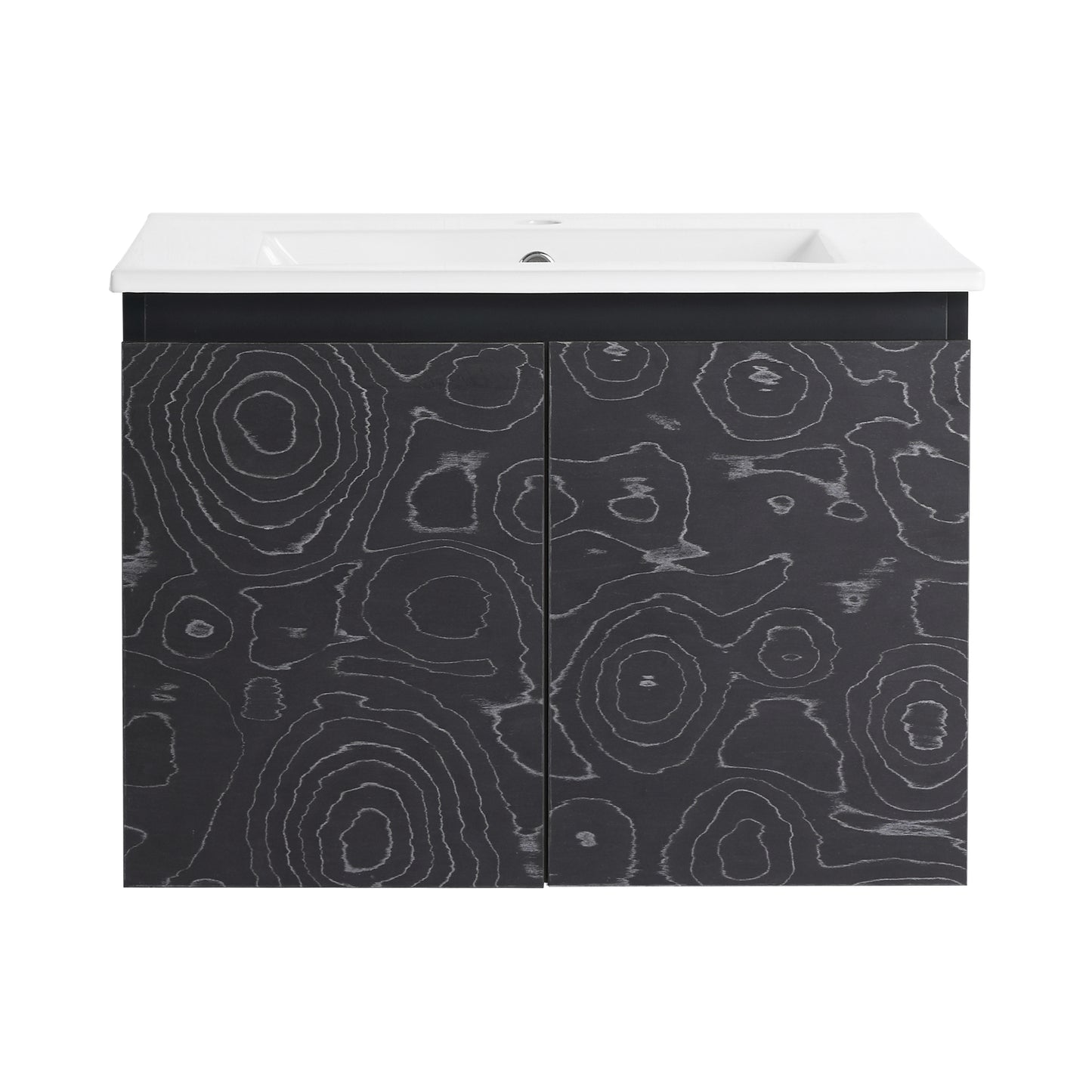 Charcoal grey vanity with white porcelain sink and textured woodgrain doors