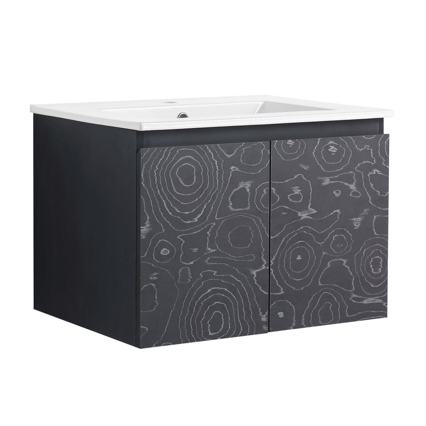 Modern dark gray vanity with a striking woodgrain pattern on its doors inches wide