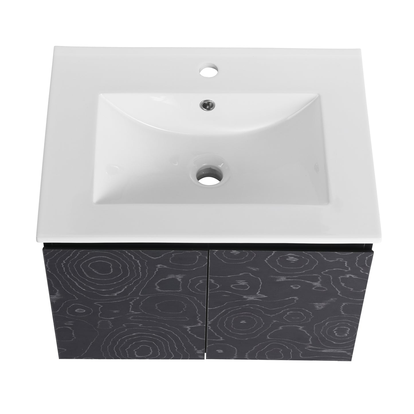 White ceramic sink vanity with dark wood grain double doors