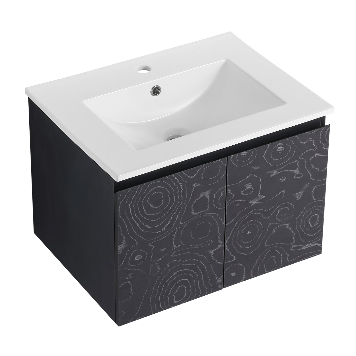 Modern wallmounted vanity with a white ceramic basin and dark grey cabinets featuring a unique woodgrain pattern