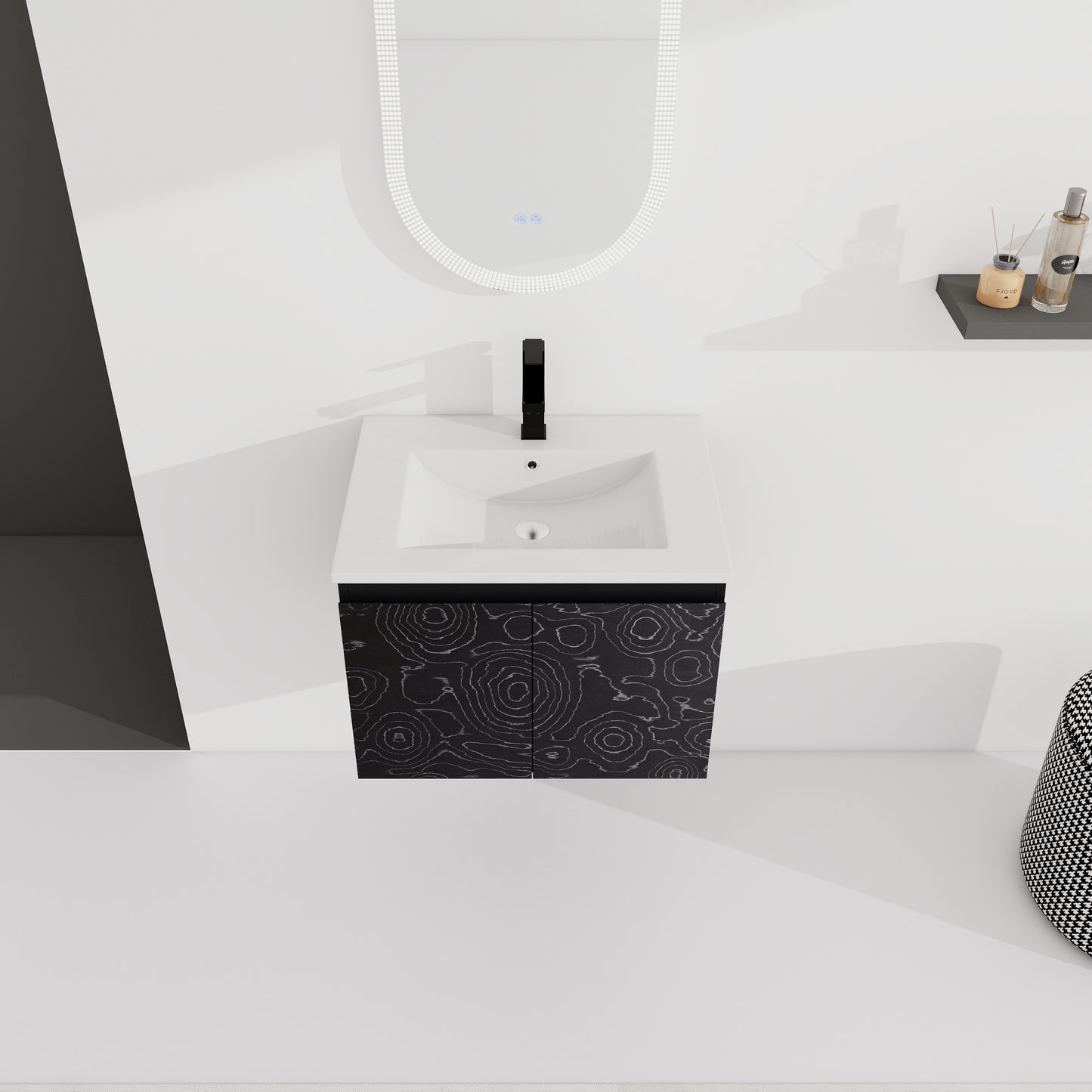 Black modern vanity cabinet with abstract white topographic pattern doors