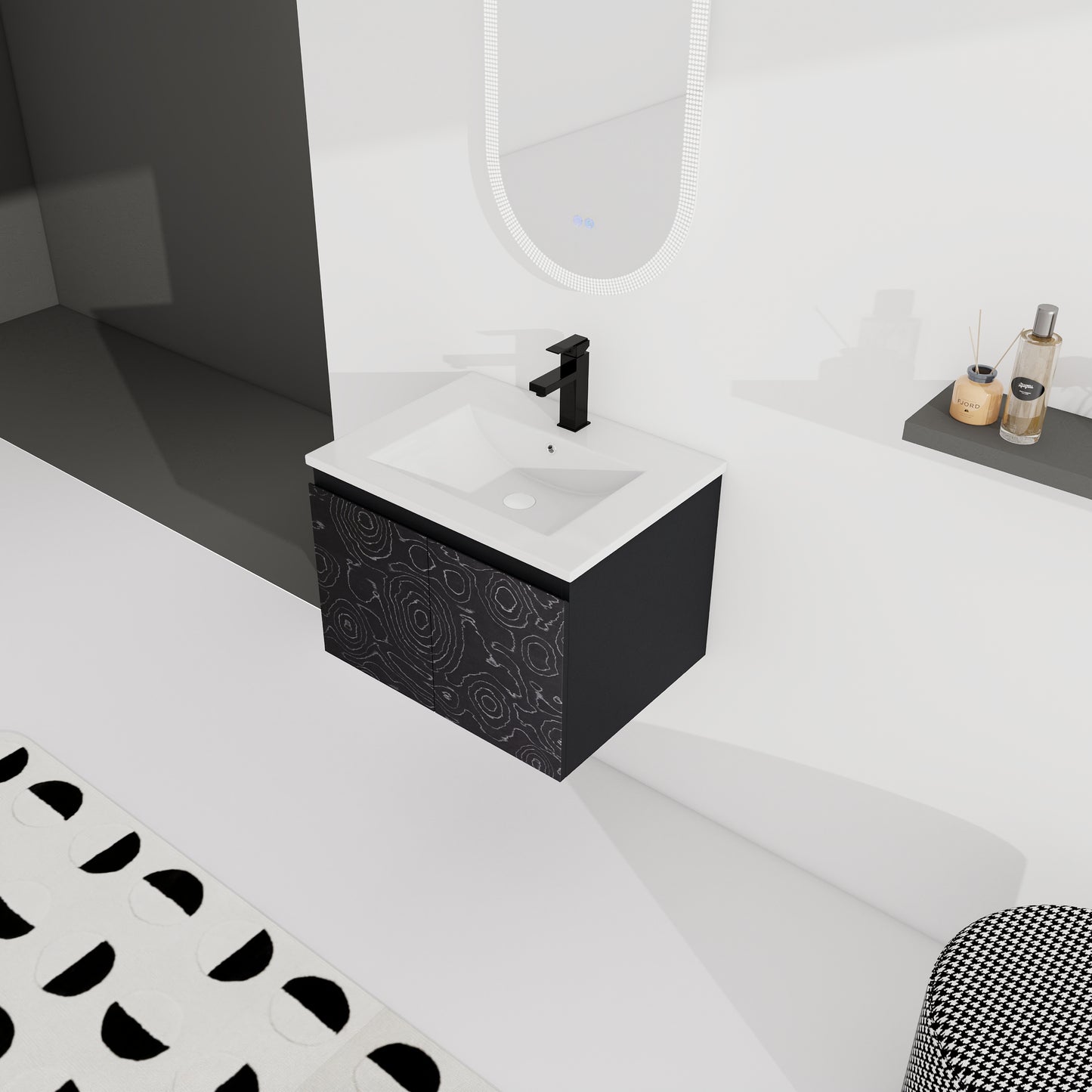 Modern black vanity with intricate swirling wood grain pattern and a white ceramic sink