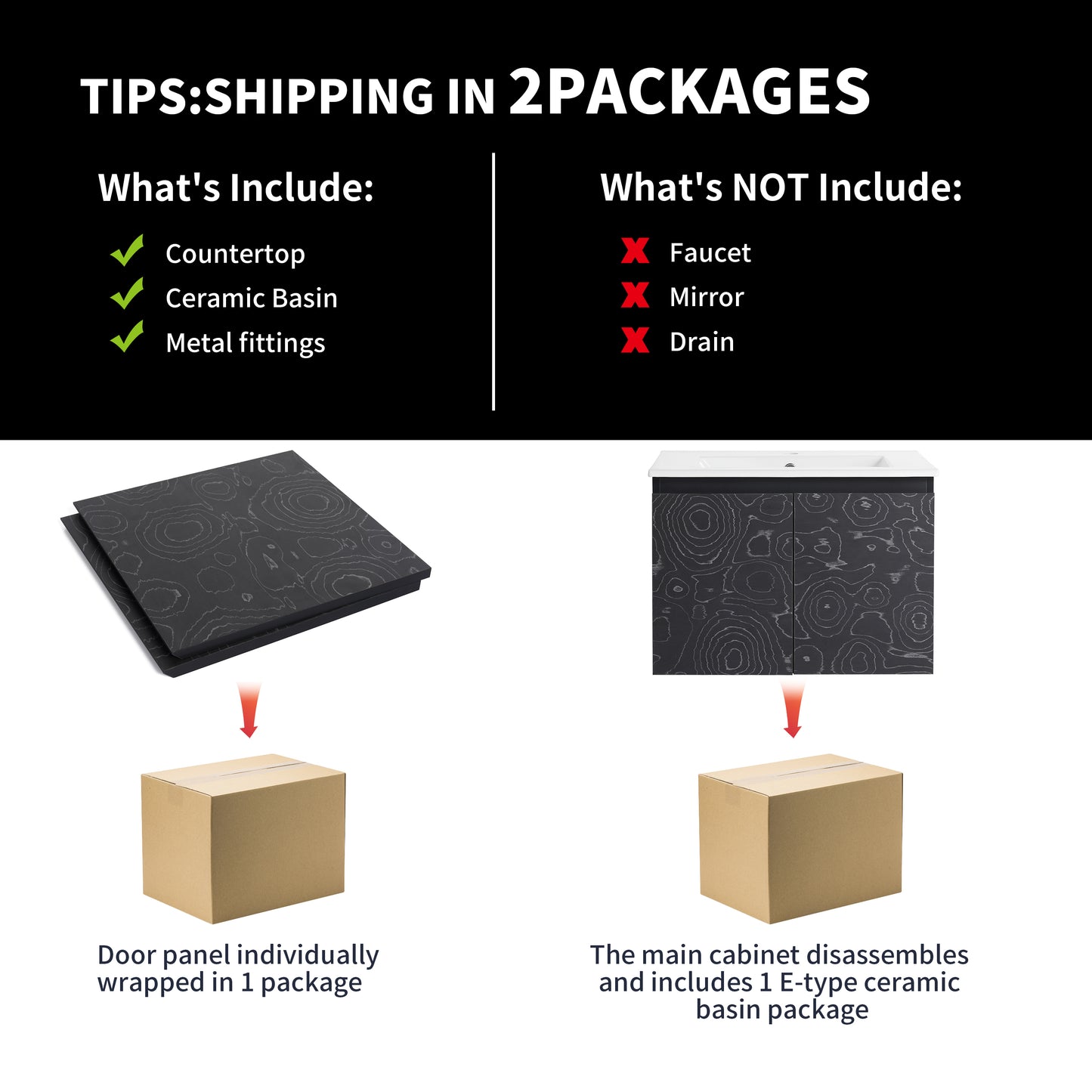 Black countertop with swirling silver pattern shipped flat packed for easy installation