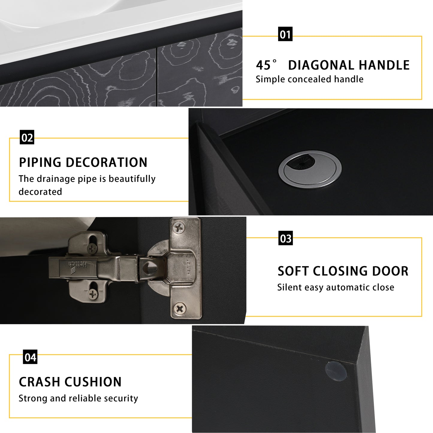 Dark gray vanity cabinet with wood grain pattern and degree diagonal handle