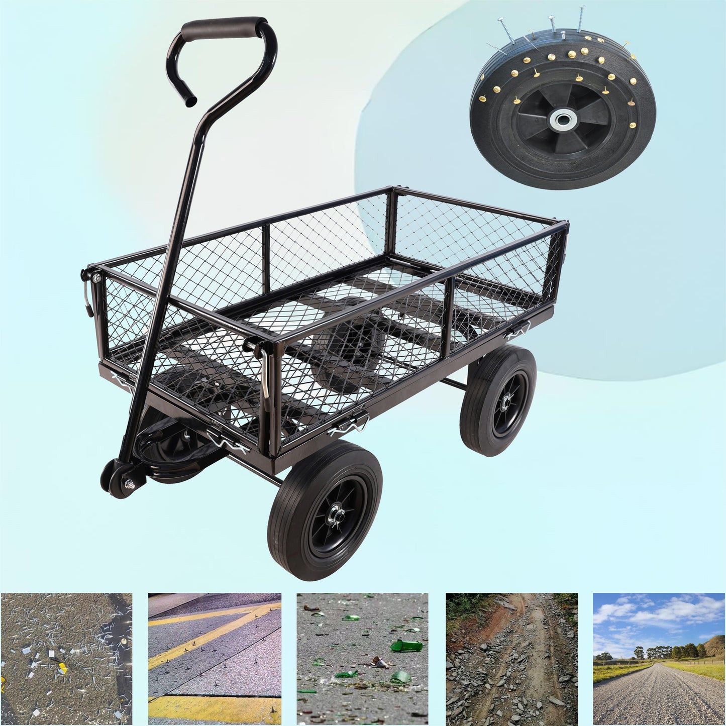 Black metal garden wagon with mesh bed and padded handle ideal for yard work