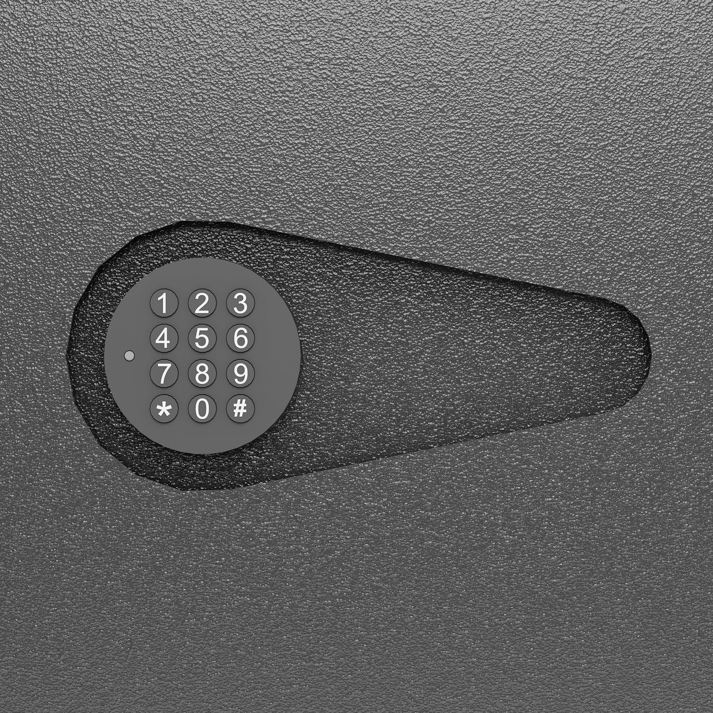 Dark grey keypad on a textured metal safe door for secure storage