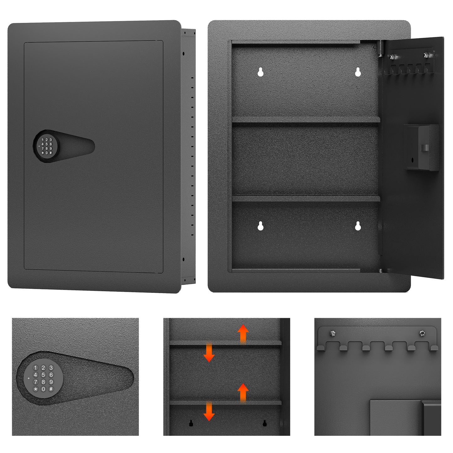 Black wall safe with digital keypad and interior shelves for secure storage