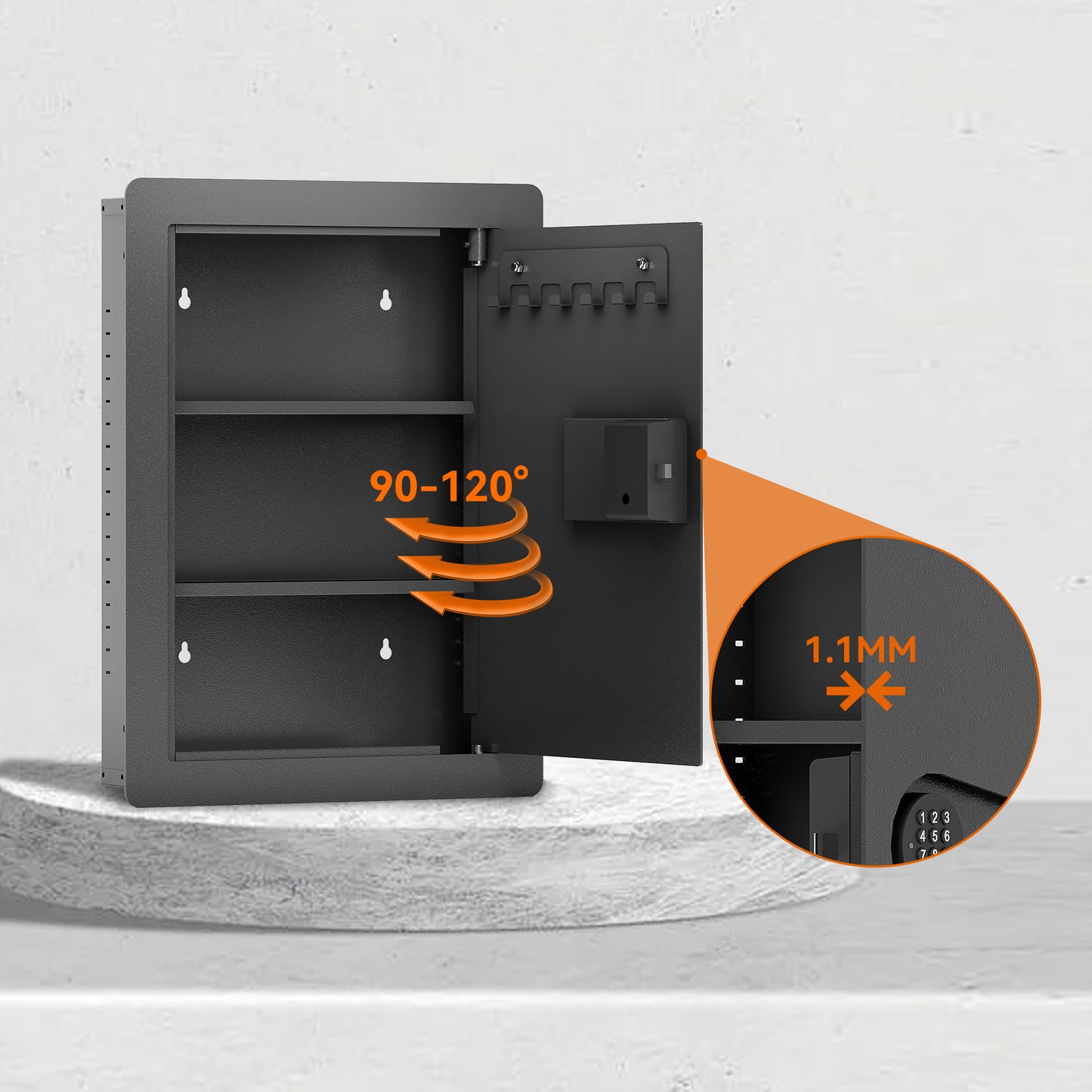 Black metal wall safe with key hooks adjustable shelves and digital lock display
