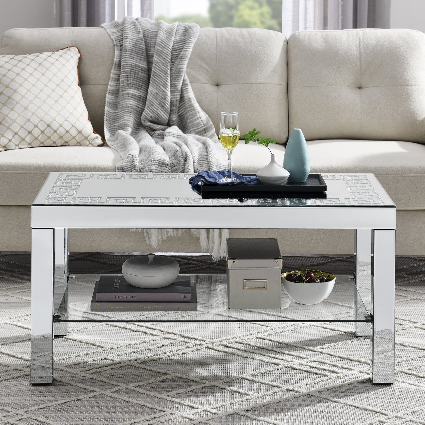 Mirrored coffee table with crystal mosaic inlay perfect for modern living rooms