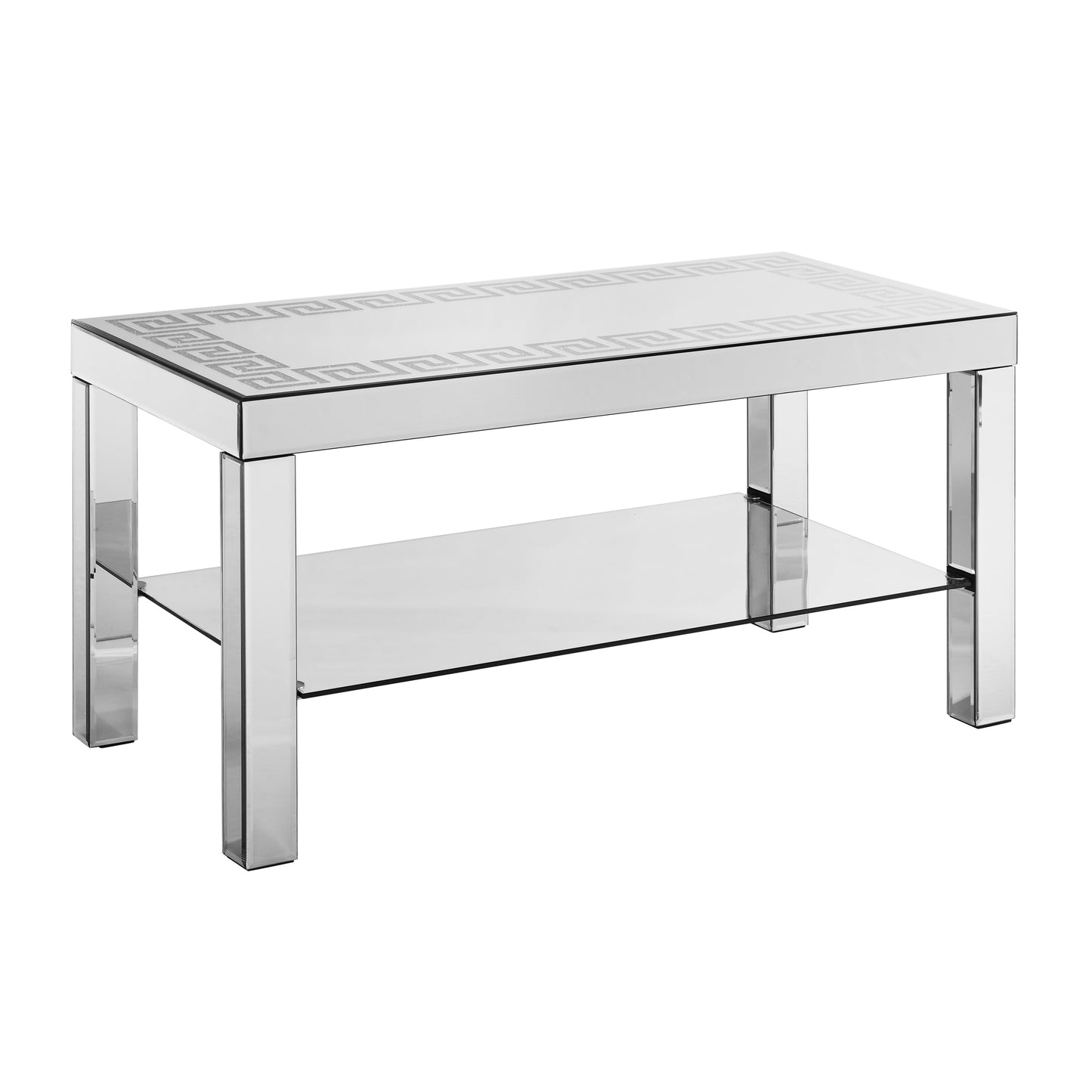 Mirrored coffee table with Greek key design and glass shelf