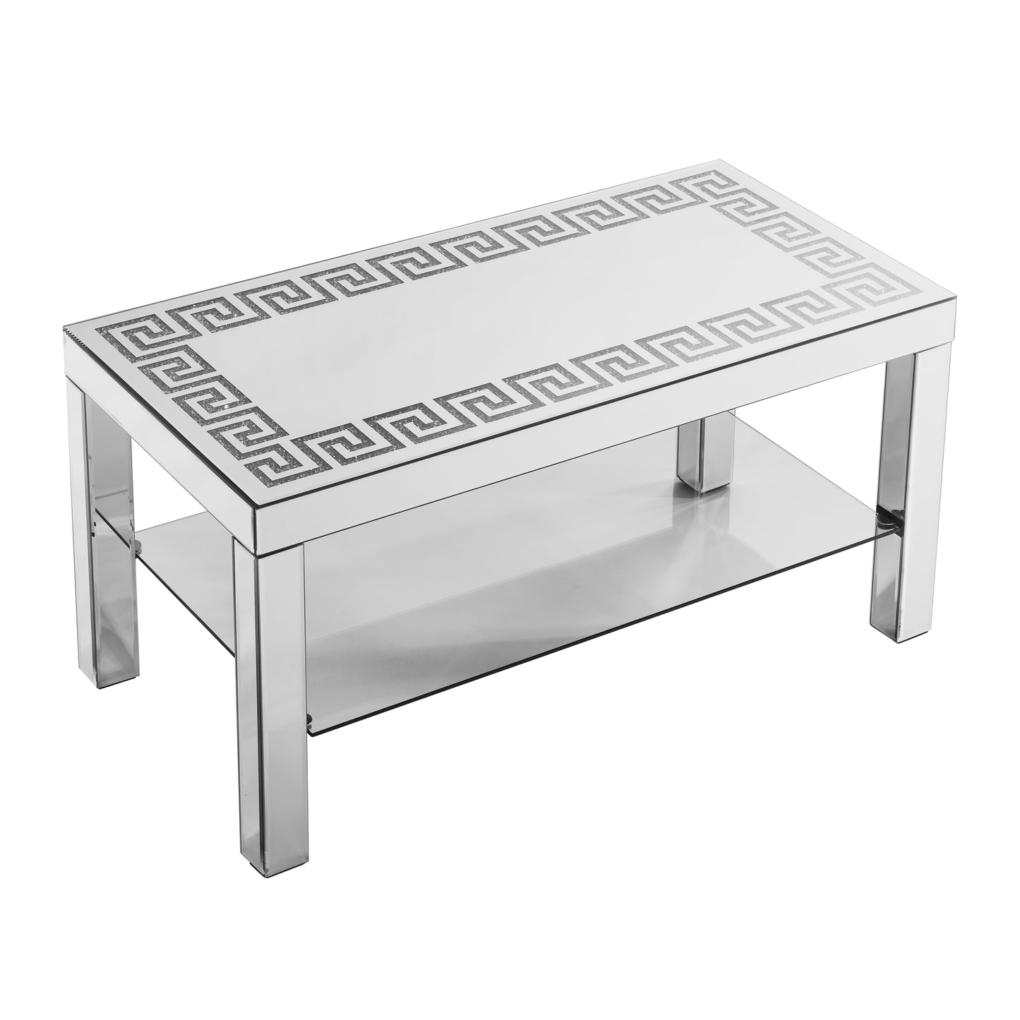 Mirrored coffee table with Greek key inlay and glass shelf