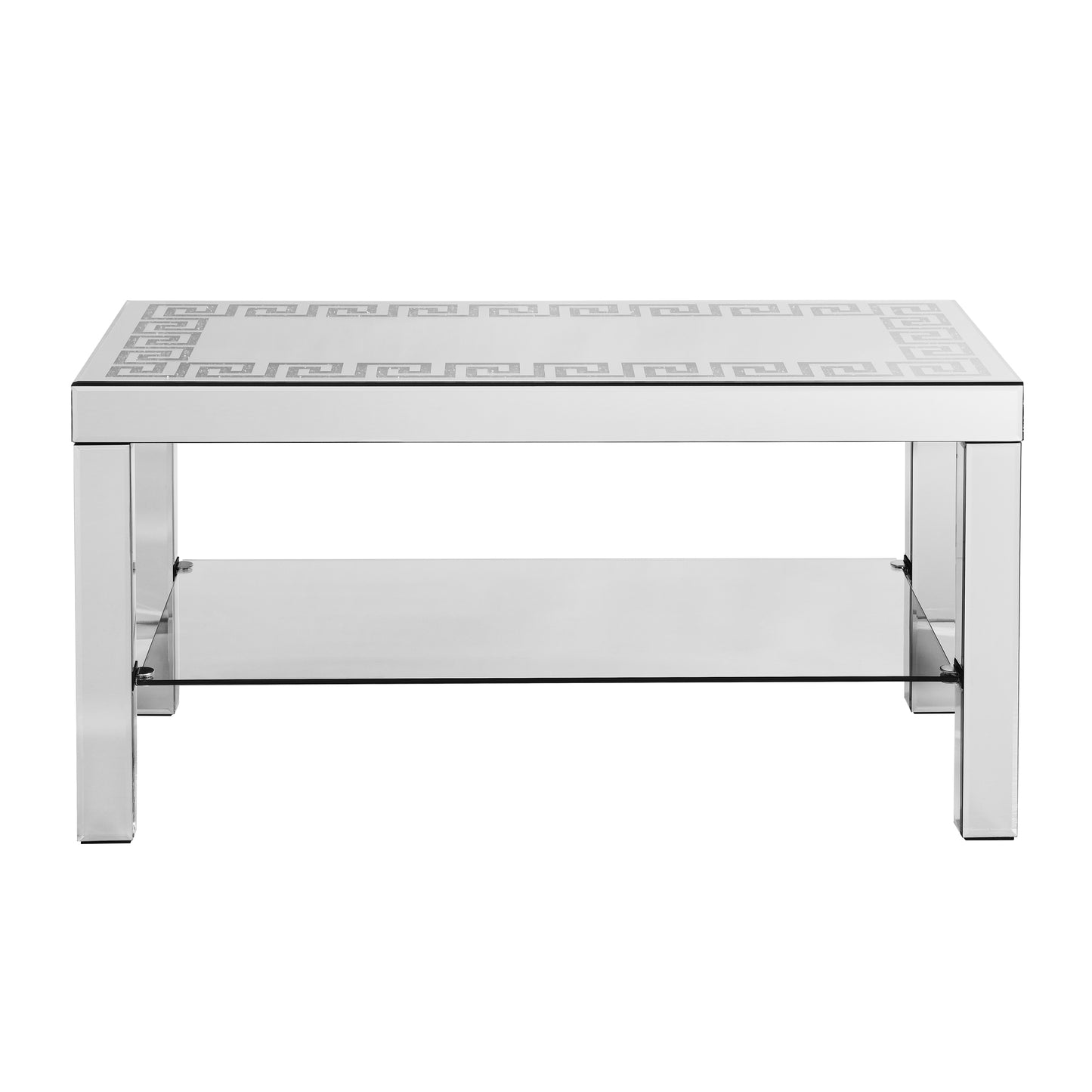 Rectangular mirrored coffee table with Greek key pattern and lower glass shelf