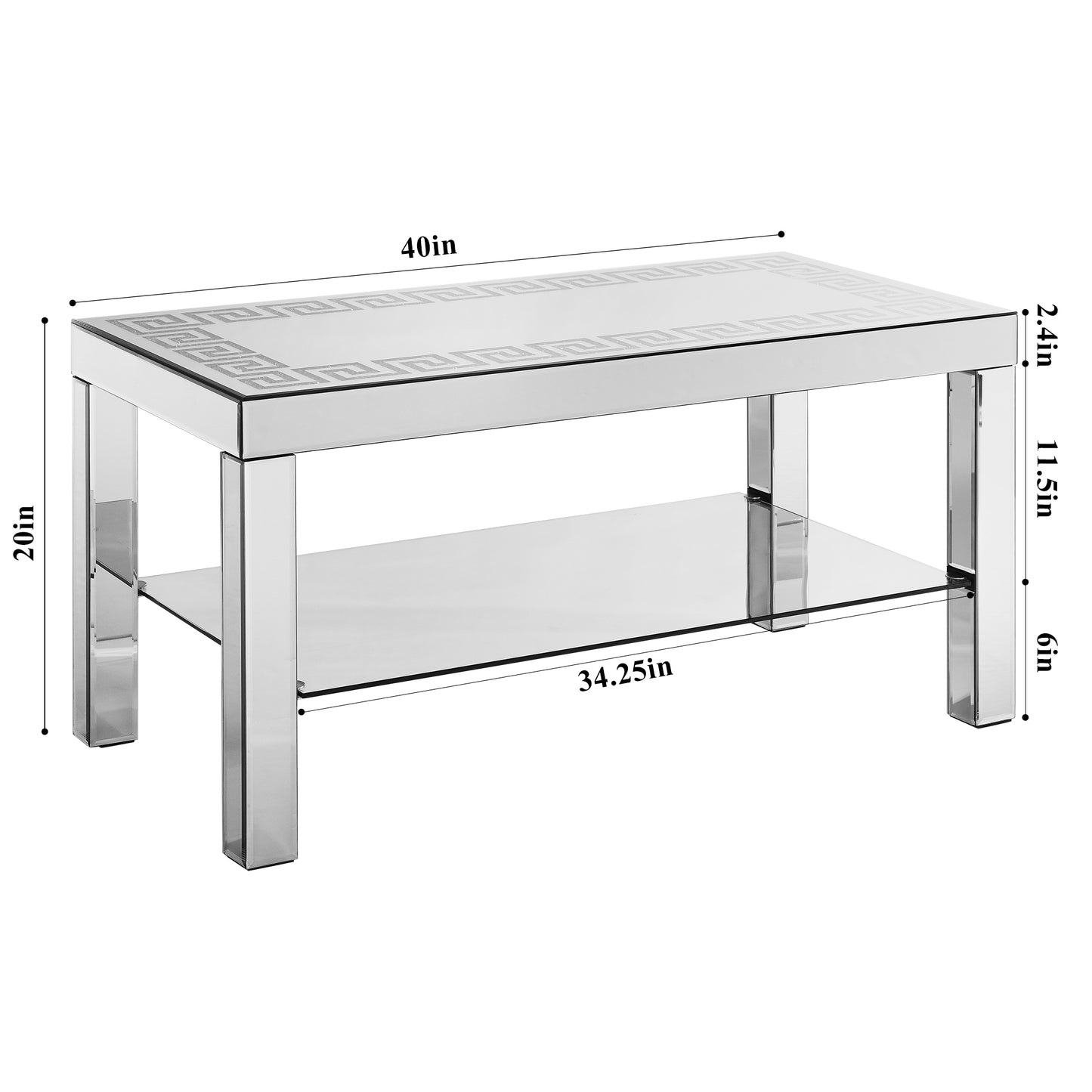 Mirrored coffee table with Greek key pattern and lower shelf in