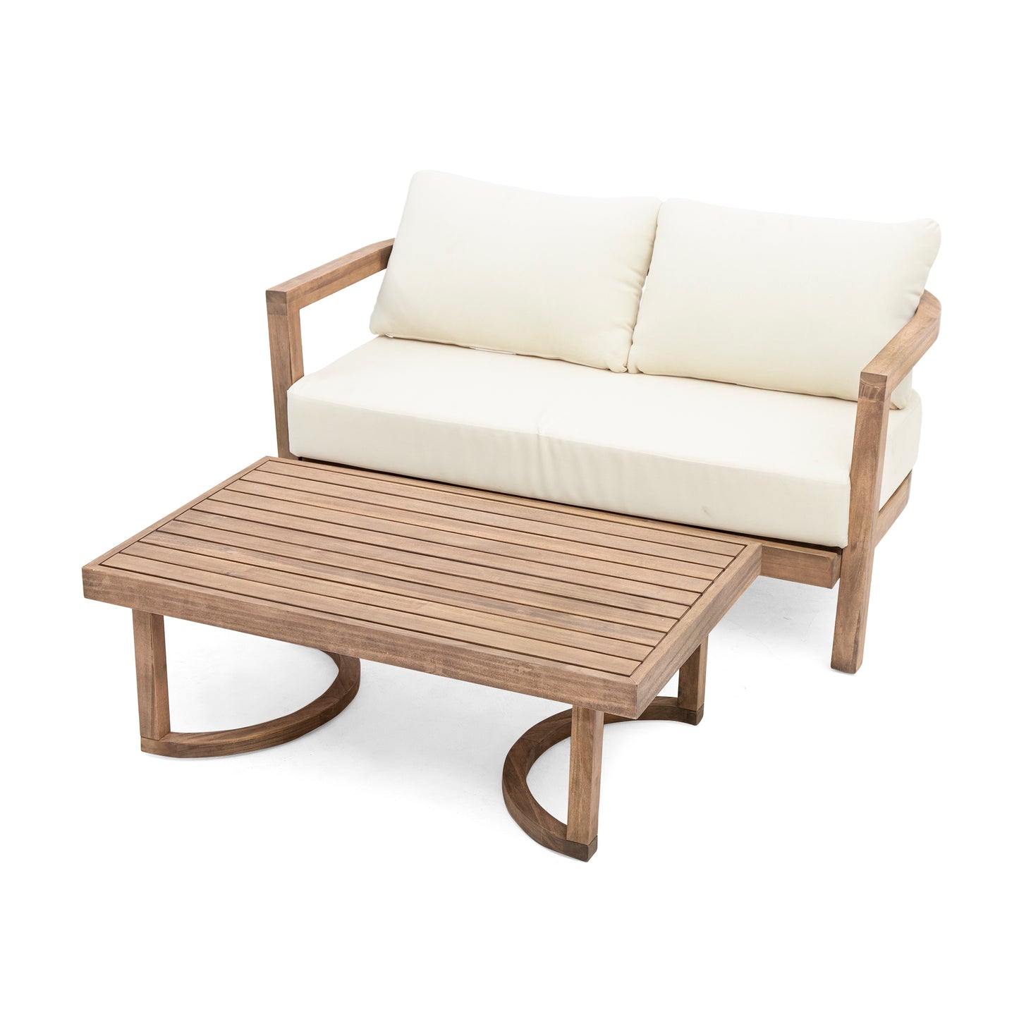 Modern wooden loveseat with cream cushions and a slatted coffee table perfect for outdoor patios